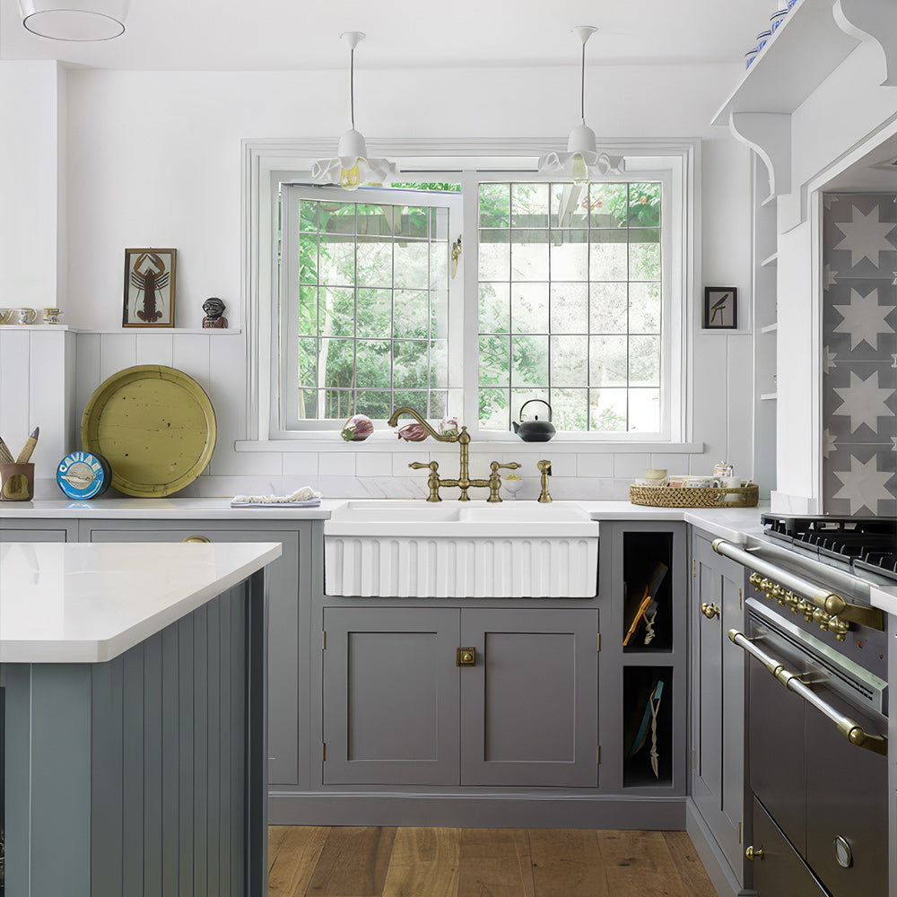 Bridge Faucet with Long Traditional Swivel Spout, Lever Handles and Solid Brass Side Spray