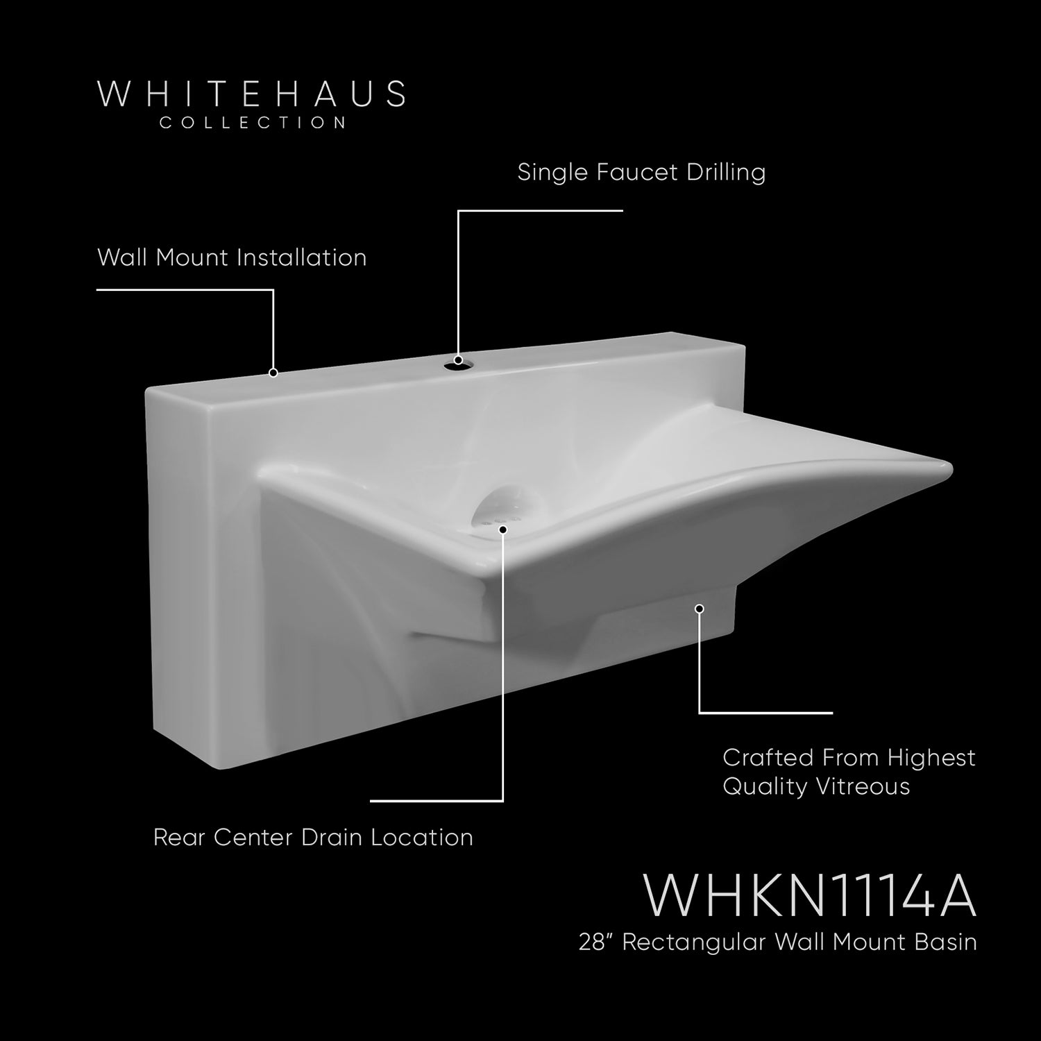 28" Rectangular Wall Mount Basin, Single Faucet Drilling and Rear Center Drain Location