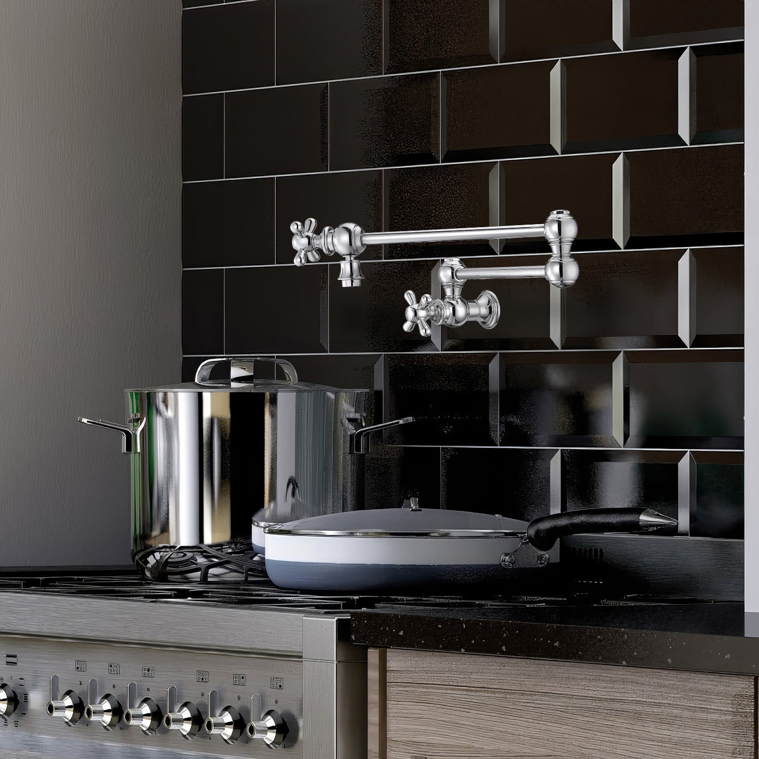 Wall Mount Retractable Swing Spout Pot Filler with Cross Handles