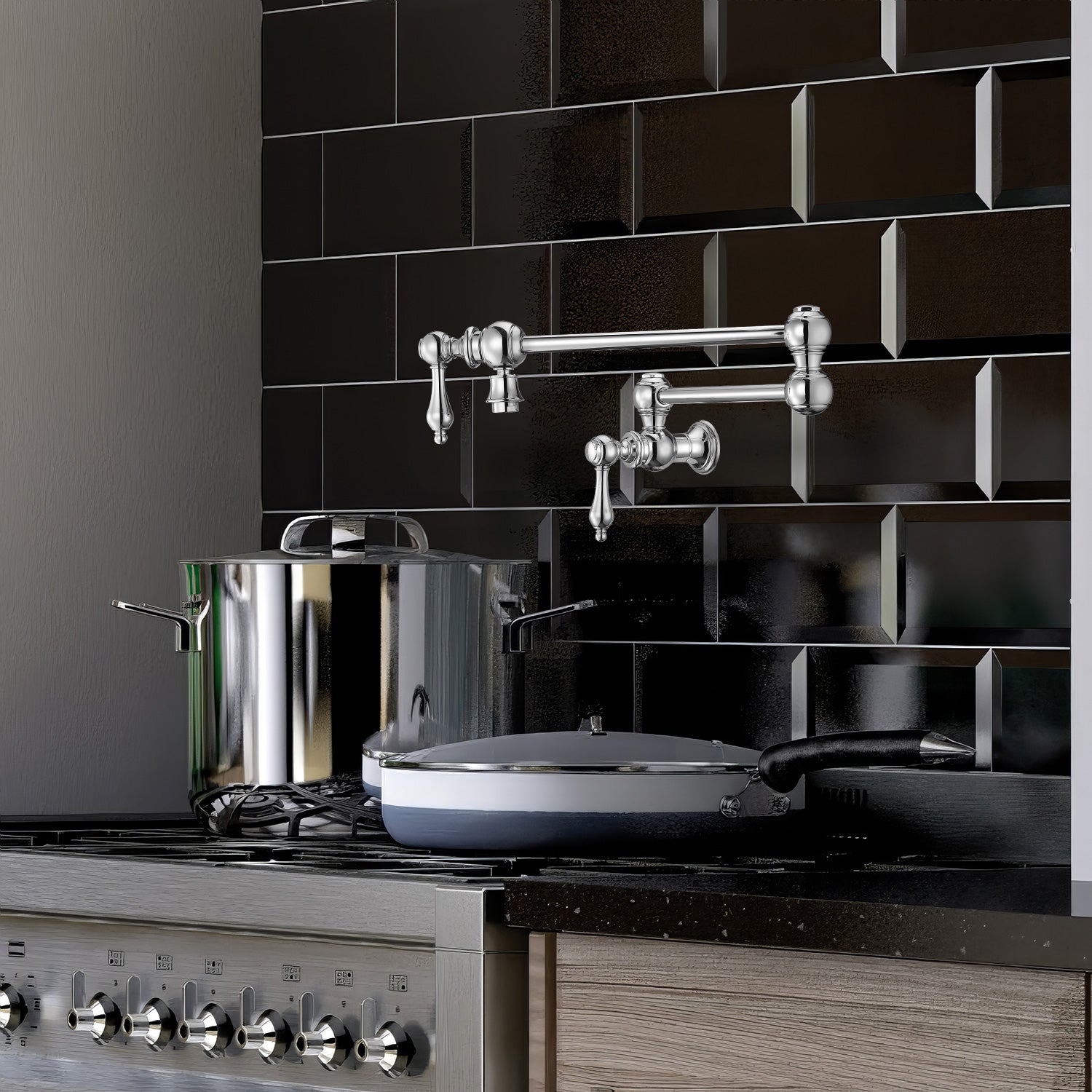 Wall Mount Retractable Swing Spout Pot Filler with Lever Handles