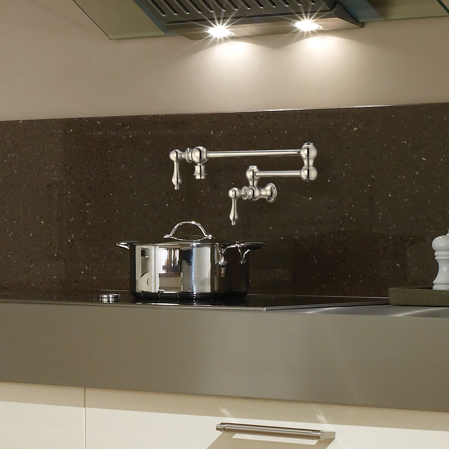 Wall Mount Retractable Swing Spout Pot Filler with Lever Handles