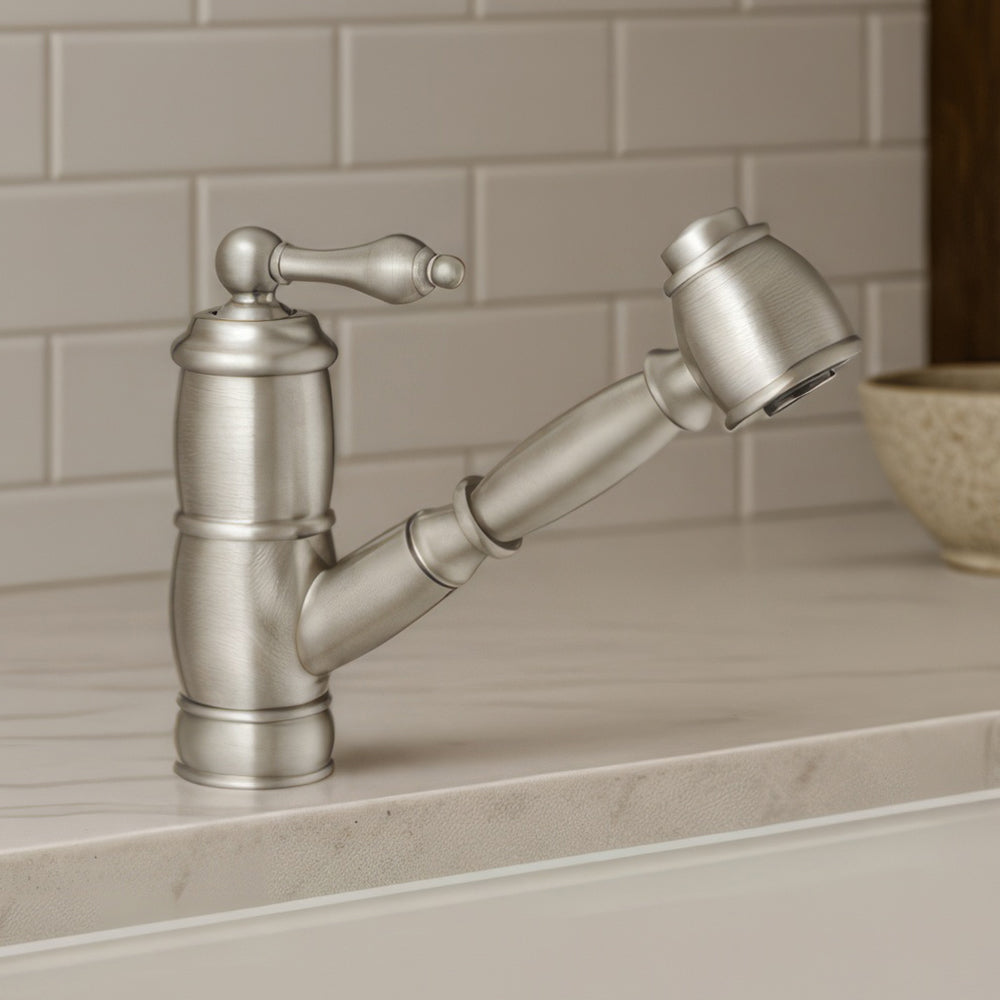 Solid brass deck mount single-hole kitchen faucet with a pull-out spray head and lever handle