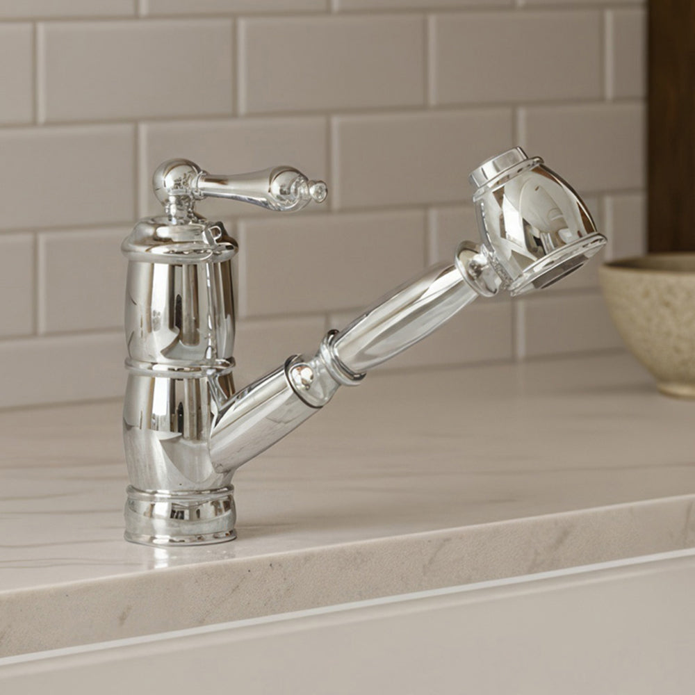 Solid brass deck mount single-hole kitchen faucet with a pull-out spray head and lever handle