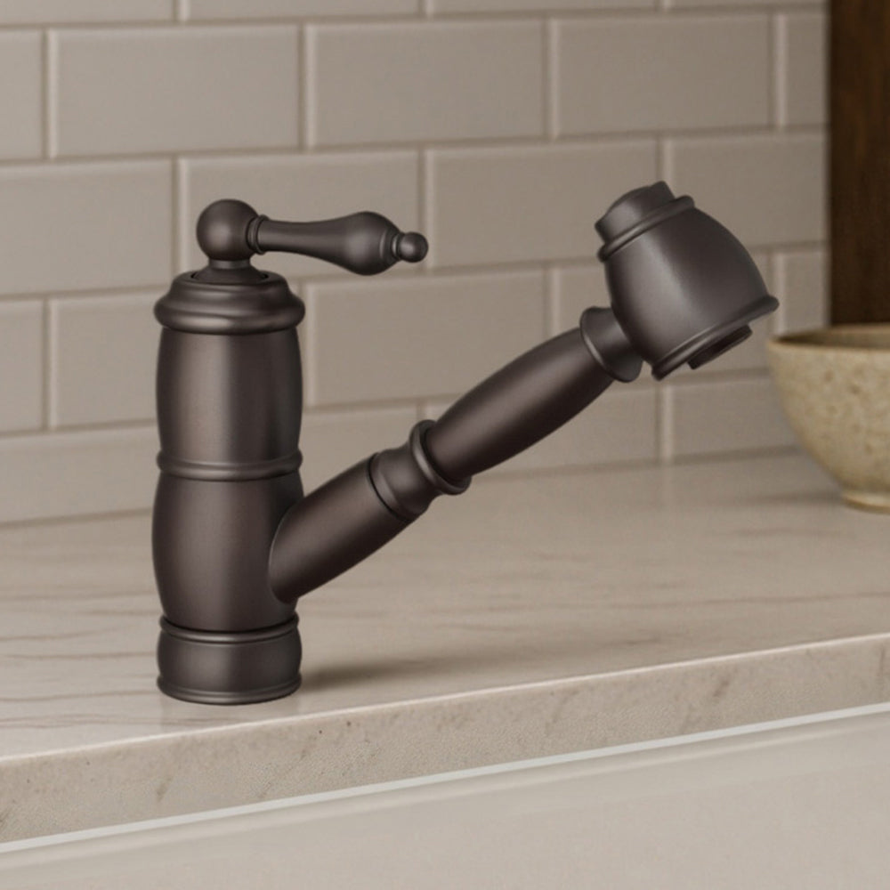 Solid brass deck mount single-hole kitchen faucet with a pull-out spray head and lever handle