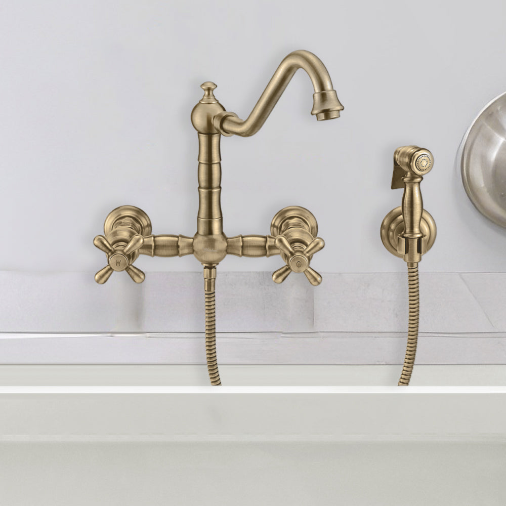 Wall Mount Faucet with a Long Traditional Swivel Spout, Cross Handles and Solid Brass Side Spray