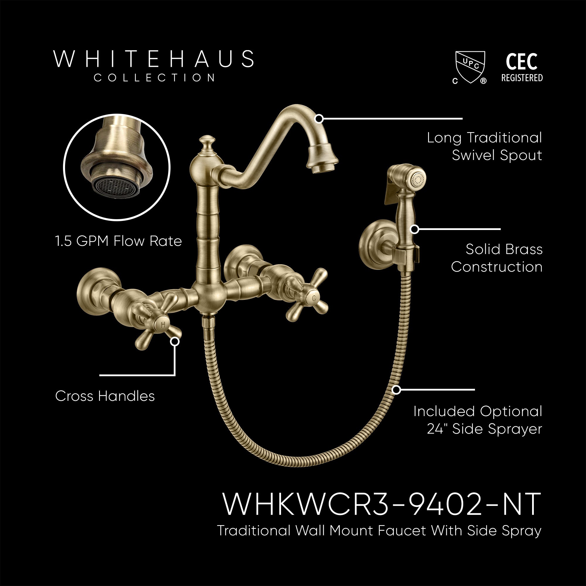Wall Mount Faucet with a Long Traditional Swivel Spout, Cross Handles and Solid Brass Side Spray