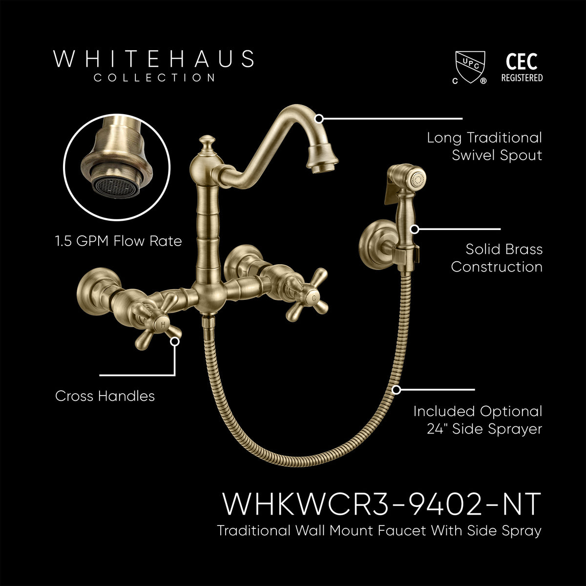 Wall Mount Faucet with a Long Traditional Swivel Spout, Cross Handles and Solid Brass Side Spray