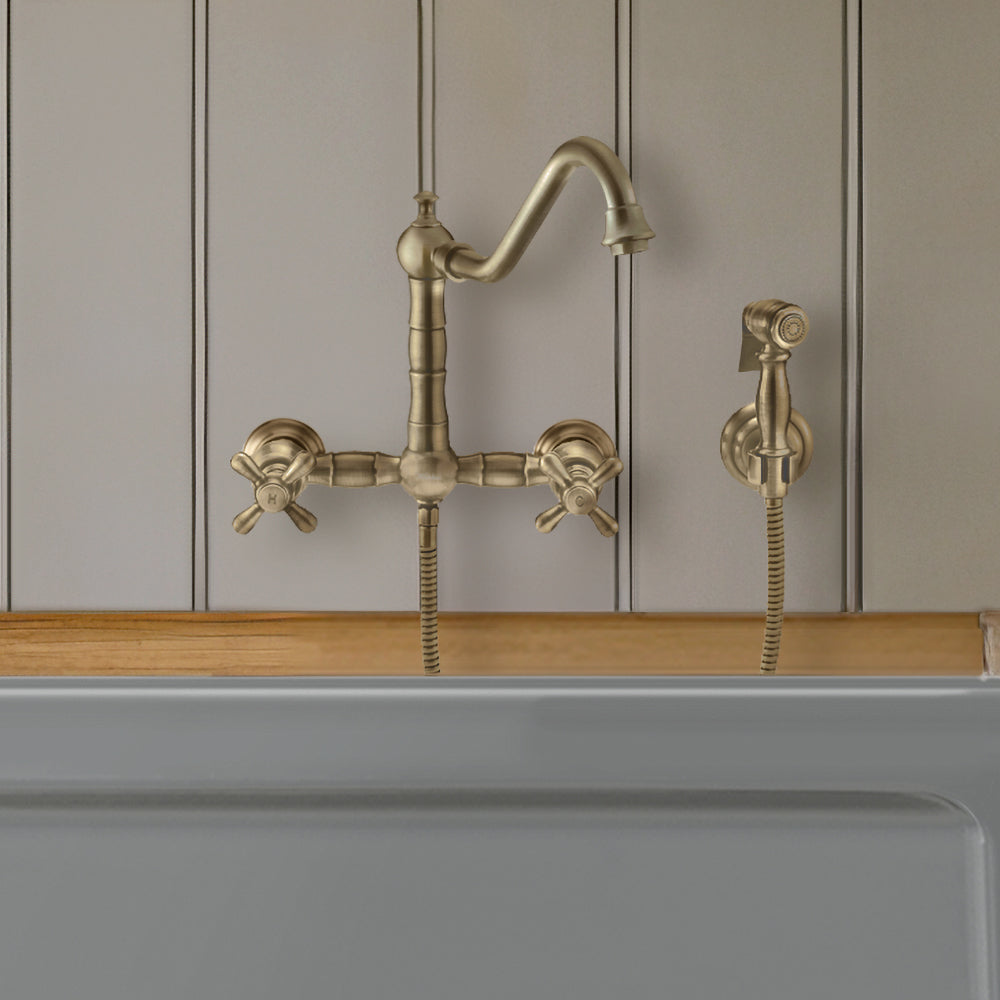 Wall Mount Faucet with a Long Traditional Swivel Spout, Cross Handles and Solid Brass Side Spray