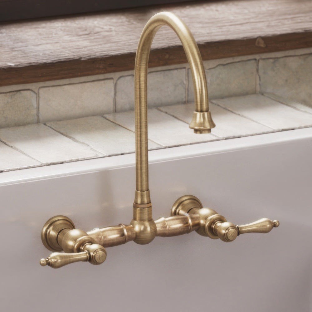 Wall Mount Faucet with a Long Gooseneck Swivel Spout, Lever Handles and Solid Brass Side Spray