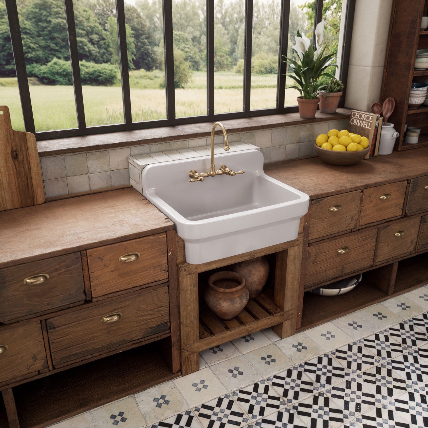 Wall Mount Faucet with a Long Gooseneck Swivel Spout, Lever Handles and Solid Brass Side Spray