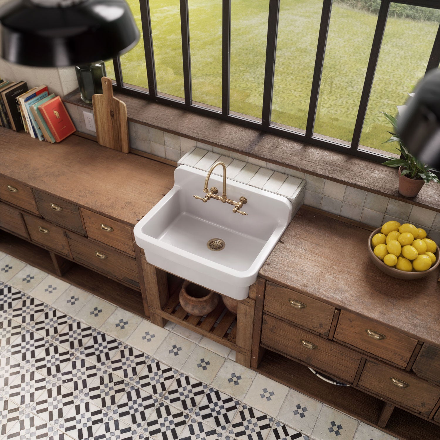 Wall Mount Faucet with a Long Gooseneck Swivel Spout, Lever Handles and Solid Brass Side Spray