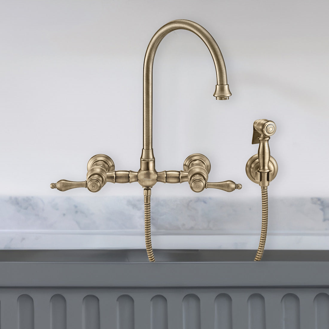 Wall Mount Faucet with a Long Gooseneck Swivel Spout, Lever Handles and Solid Brass Side Spray