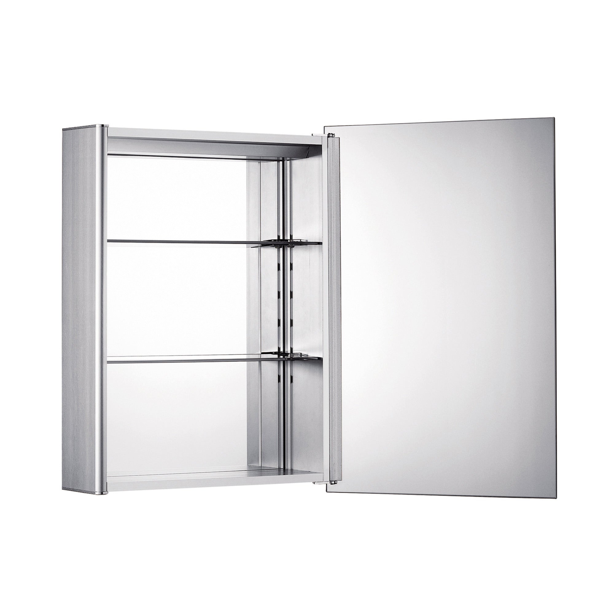 Anodized aluminum surface mount single mirrored door medicine cabinet