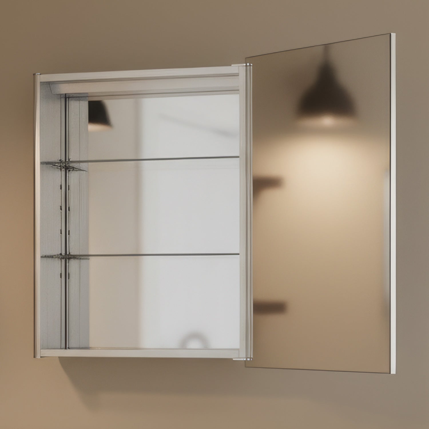 Anodized aluminum surface mount single mirrored door medicine cabinet