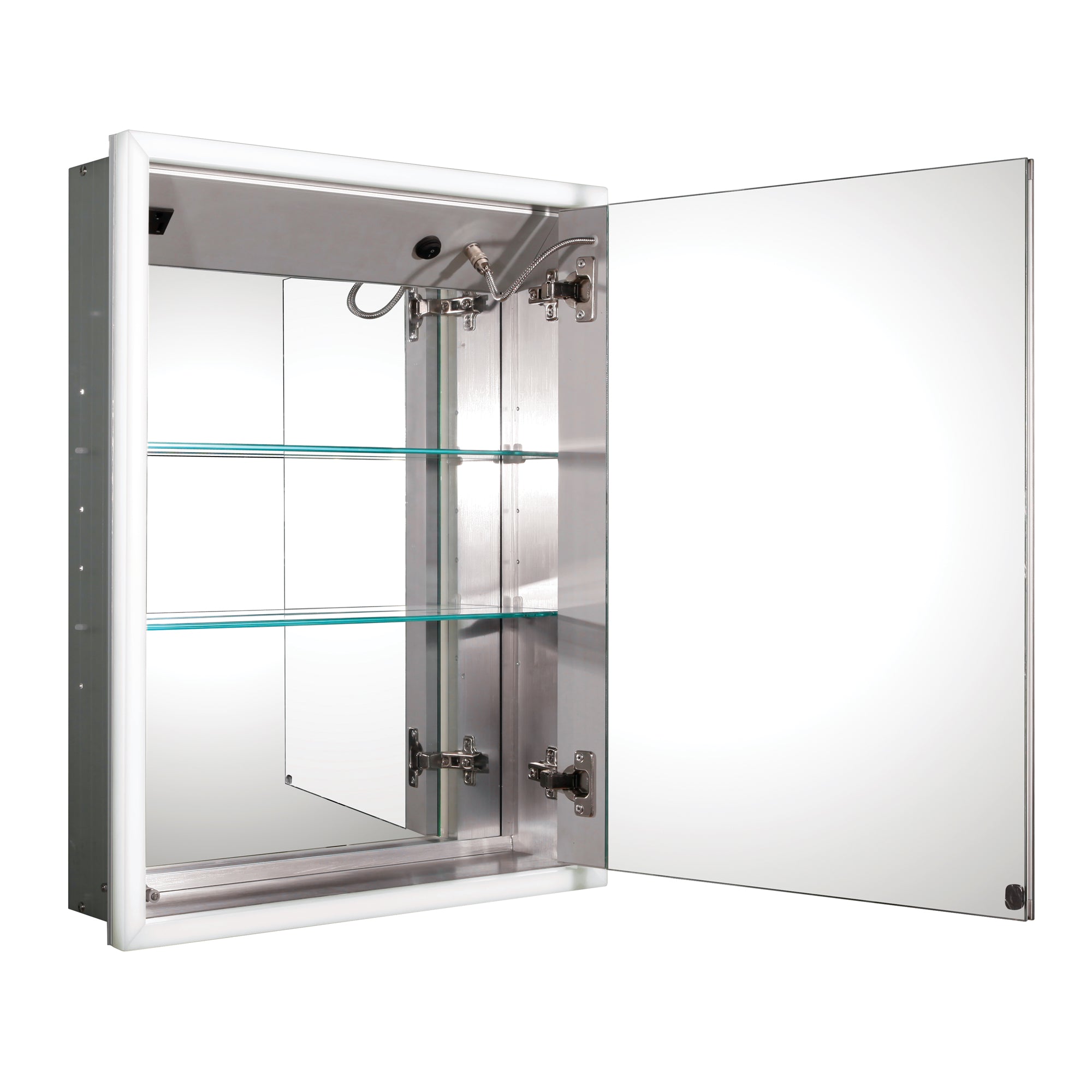 Anodized aluminum recessed single mirrored door medicine cabinet with outlet, defogger, led power button and dimmer for light