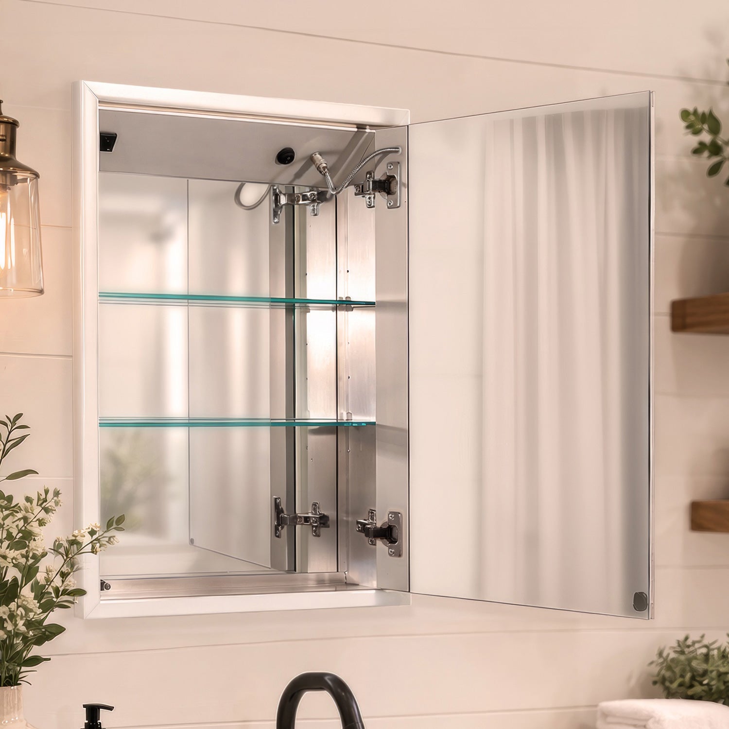 Anodized aluminum recessed single mirrored door medicine cabinet with outlet, defogger, led power button and dimmer for light