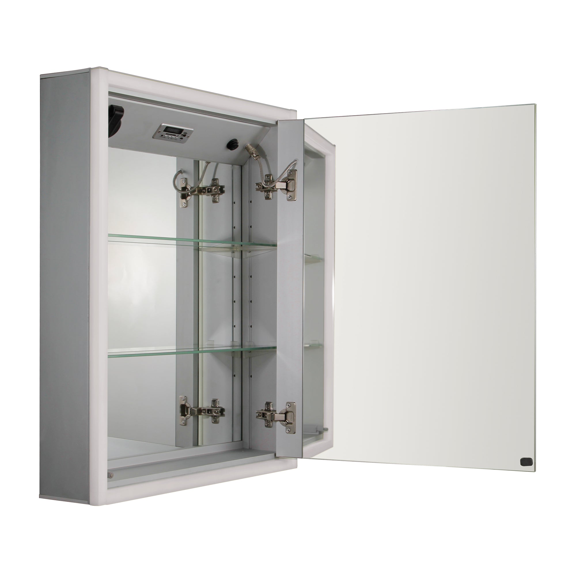 Anodized aluminum surface mount single mirrored door medicine cabinet with USB, SD card, Bluetooth, FM radio, speakers, defogger & dimmer