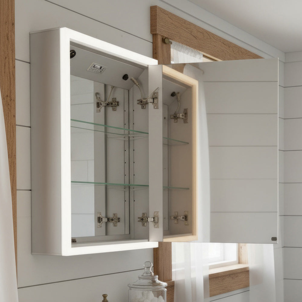 Anodized aluminum surface mount single mirrored door medicine cabinet with USB, SD card, Bluetooth, FM radio, speakers, defogger & dimmer