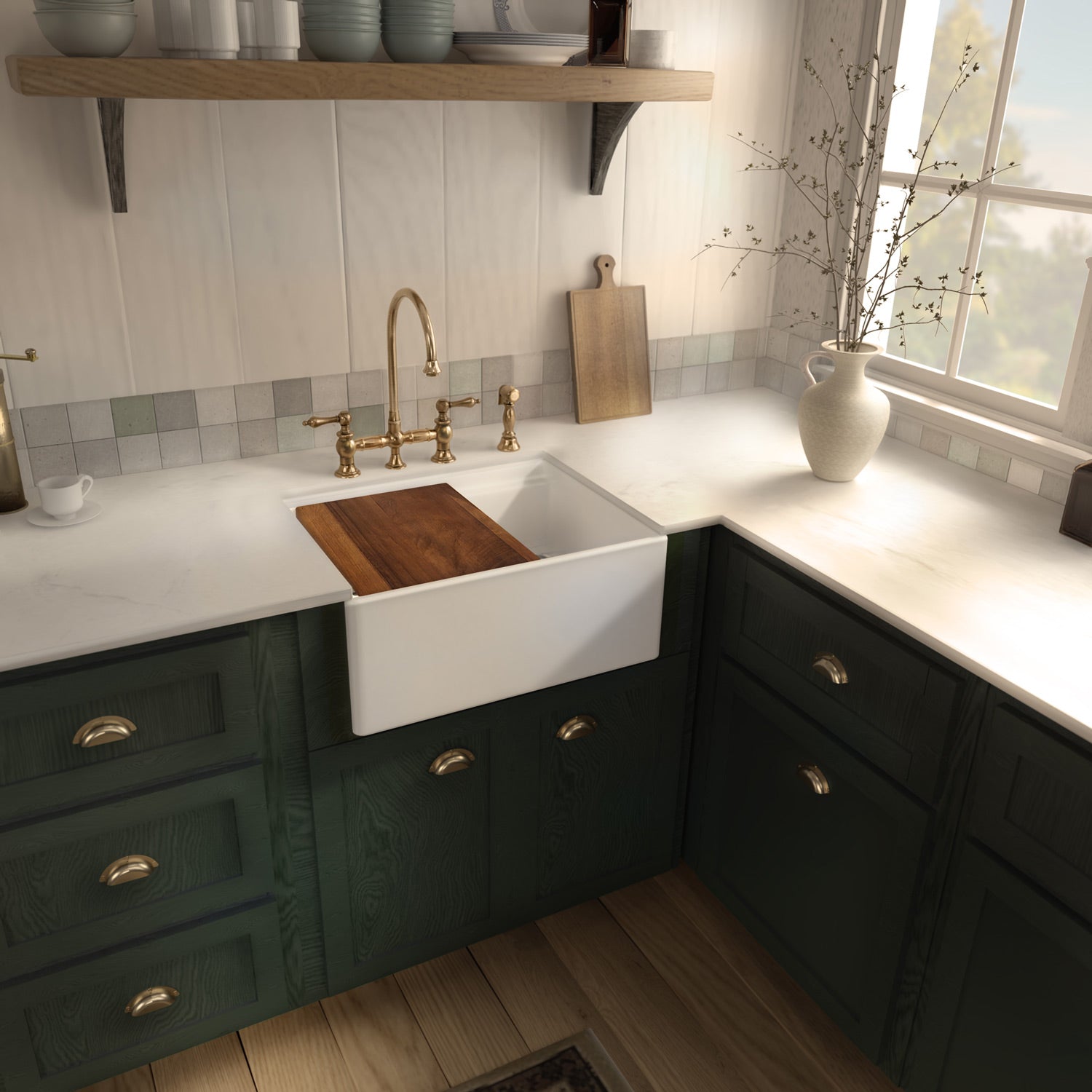 Front apron single bowl fireclay kitchen sinks with walnut wood cutting board and stainless steel grid