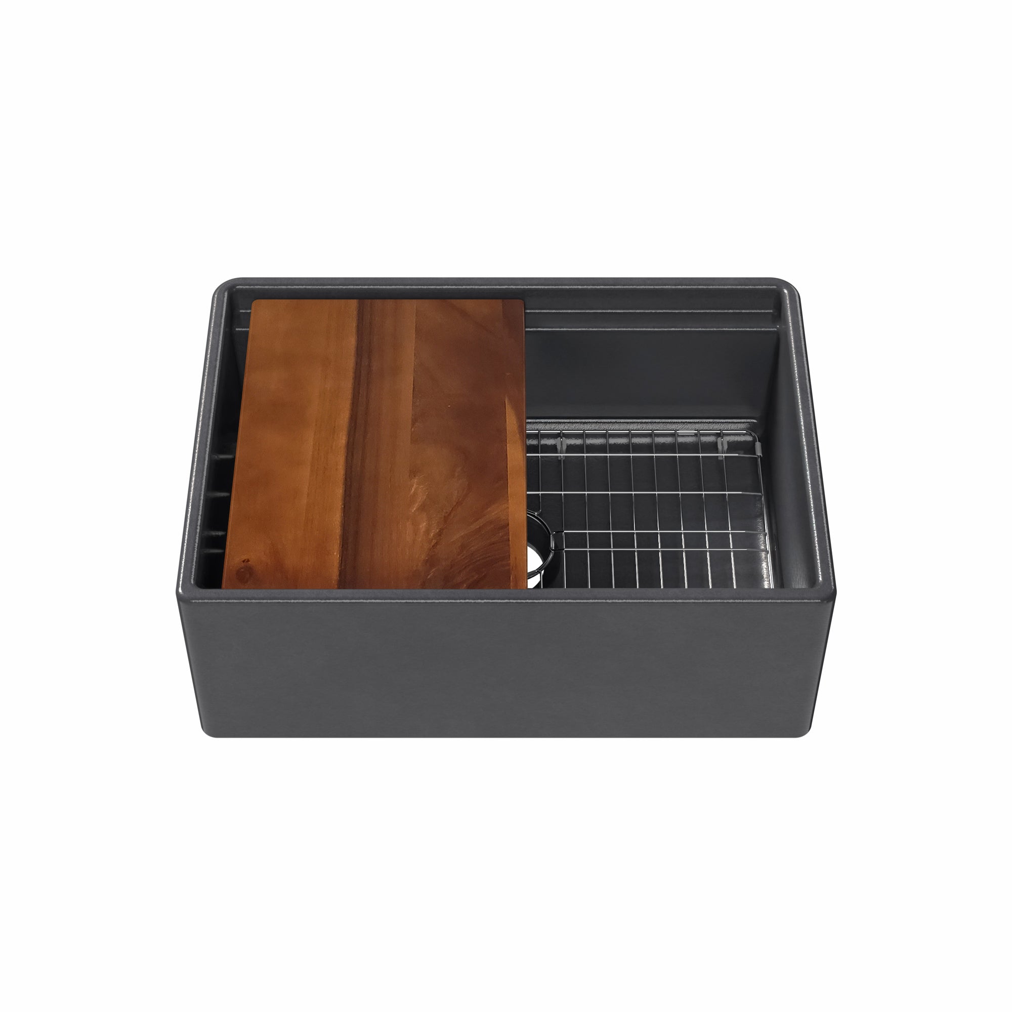 Front apron single bowl fireclay kitchen sinks with walnut wood cutting board and stainless steel grid