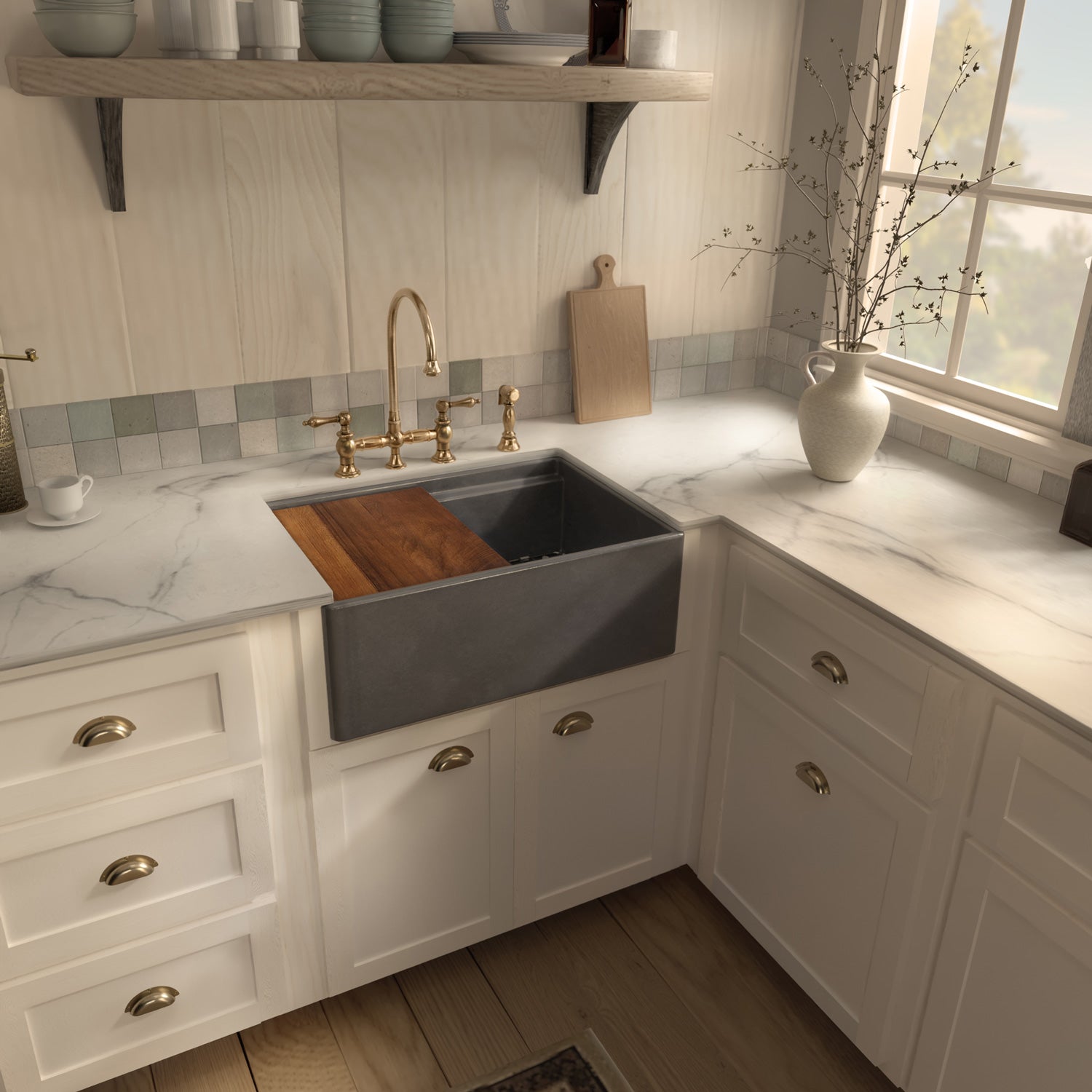 Front apron single bowl fireclay kitchen sinks with walnut wood cutting board and stainless steel grid