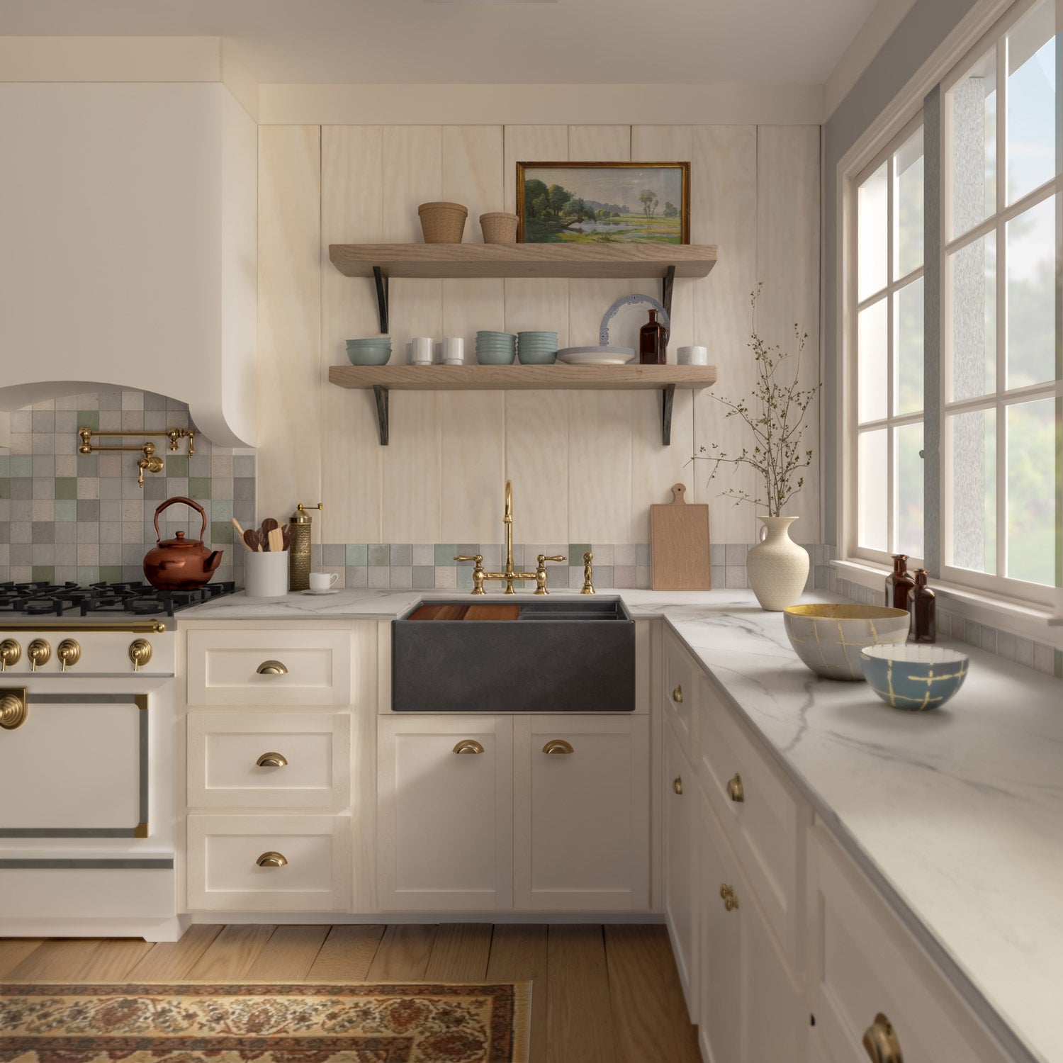 Front apron single bowl fireclay kitchen sinks with walnut wood cutting board and stainless steel grid