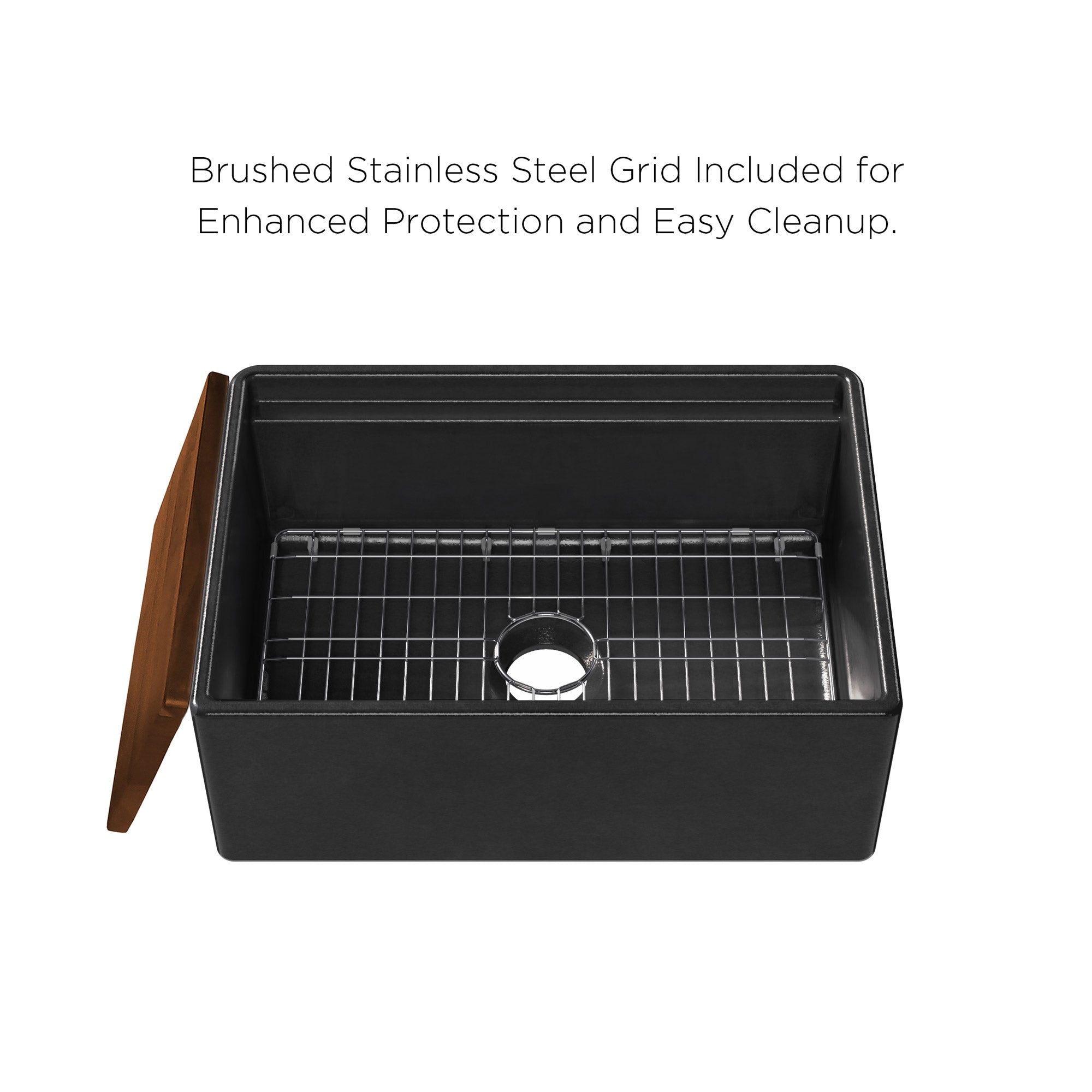 Front apron single bowl fireclay kitchen sinks with walnut wood cutting board and stainless steel grid