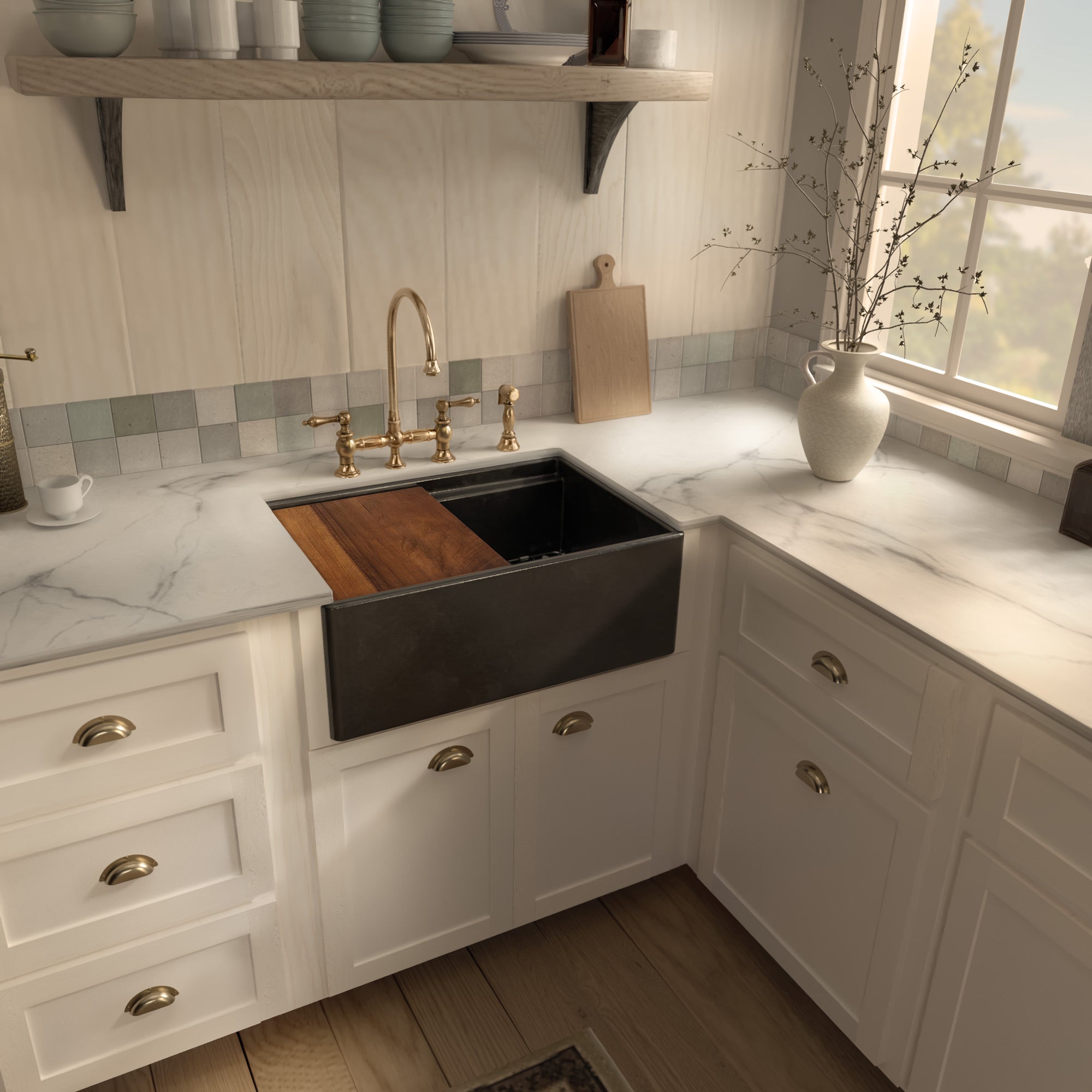 Front apron single bowl fireclay kitchen sinks with walnut wood cutting board and stainless steel grid