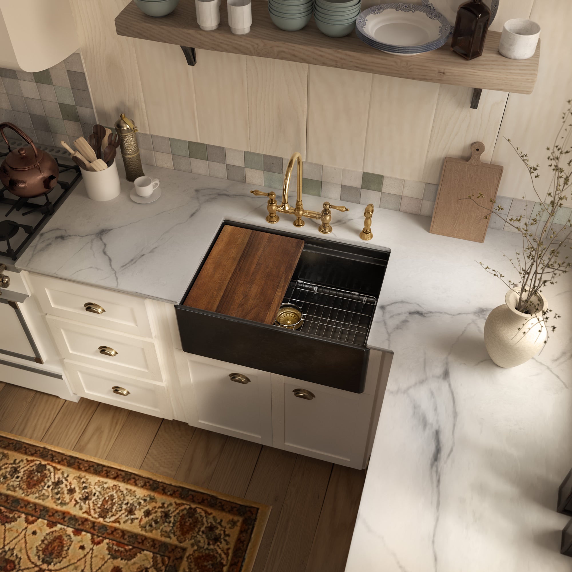 Front apron single bowl fireclay kitchen sinks with walnut wood cutting board and stainless steel grid