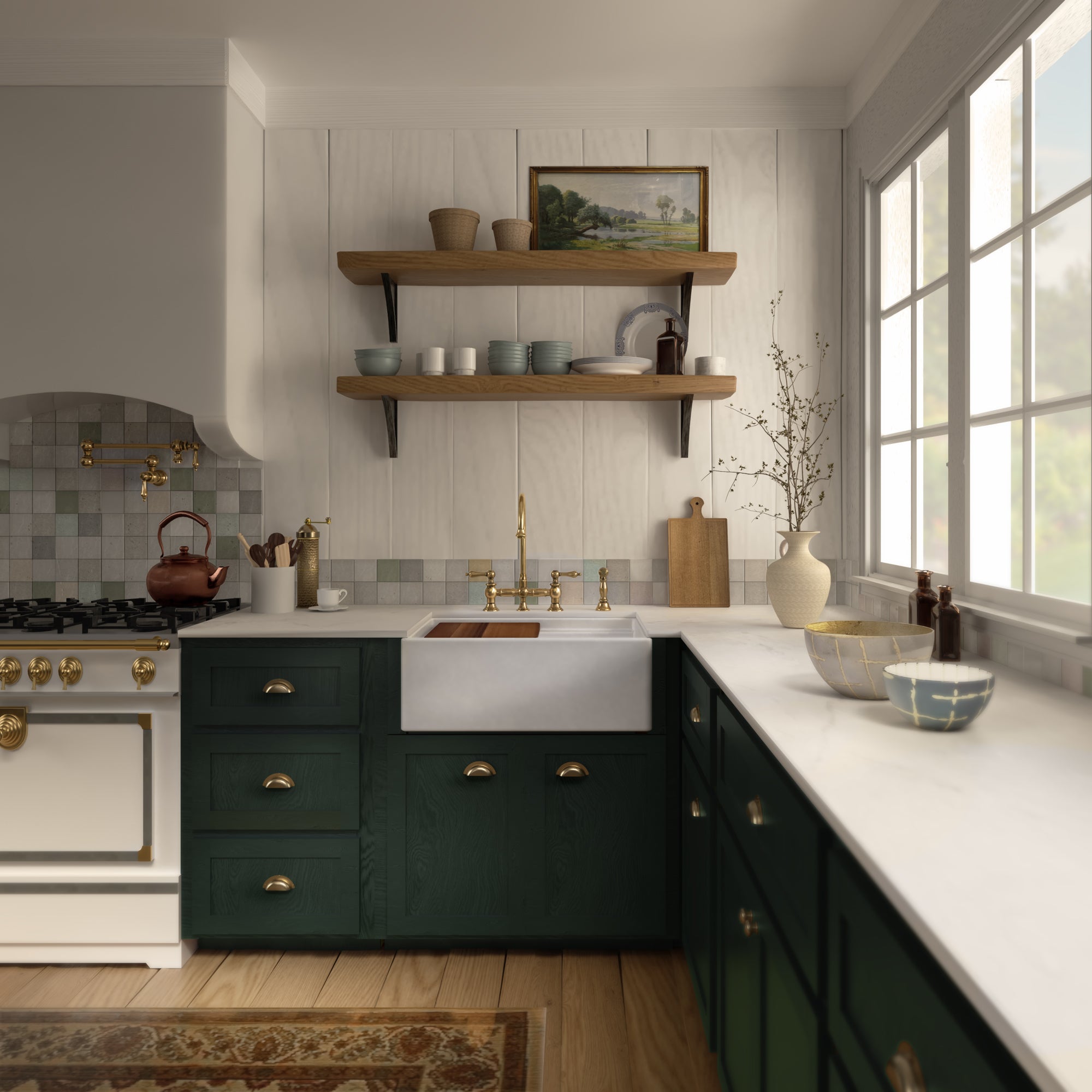 Front apron single bowl fireclay kitchen sinks with walnut wood cutting board and stainless steel grid