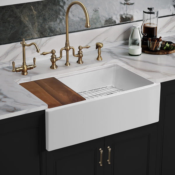 Front Apron Single Bowl Fireclay Kitchen Sinks With Walnut