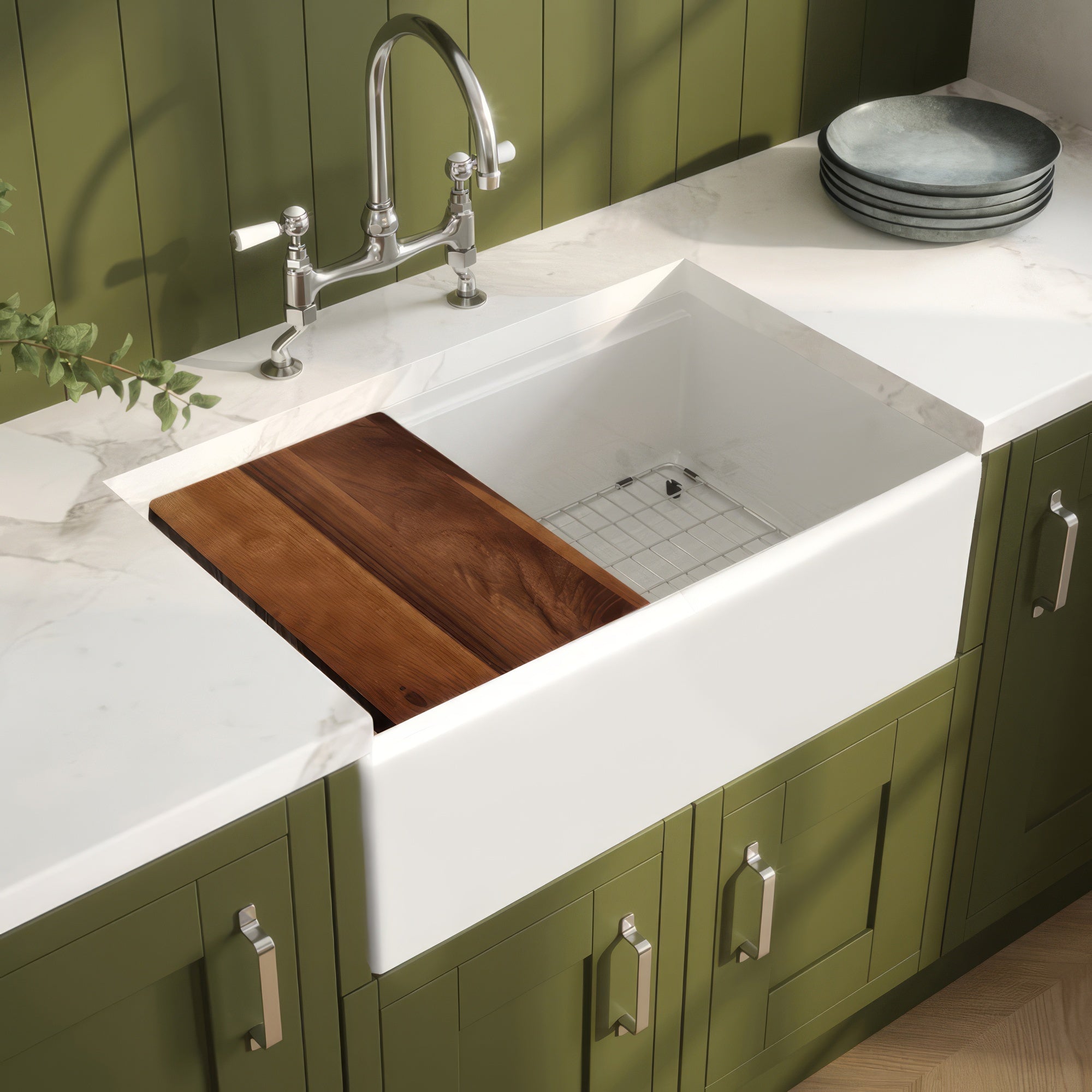 Front Apron Single Bowl Fireclay Kitchen Sinks With Walnut Wood Cutting Board and Stainless Steel Grid