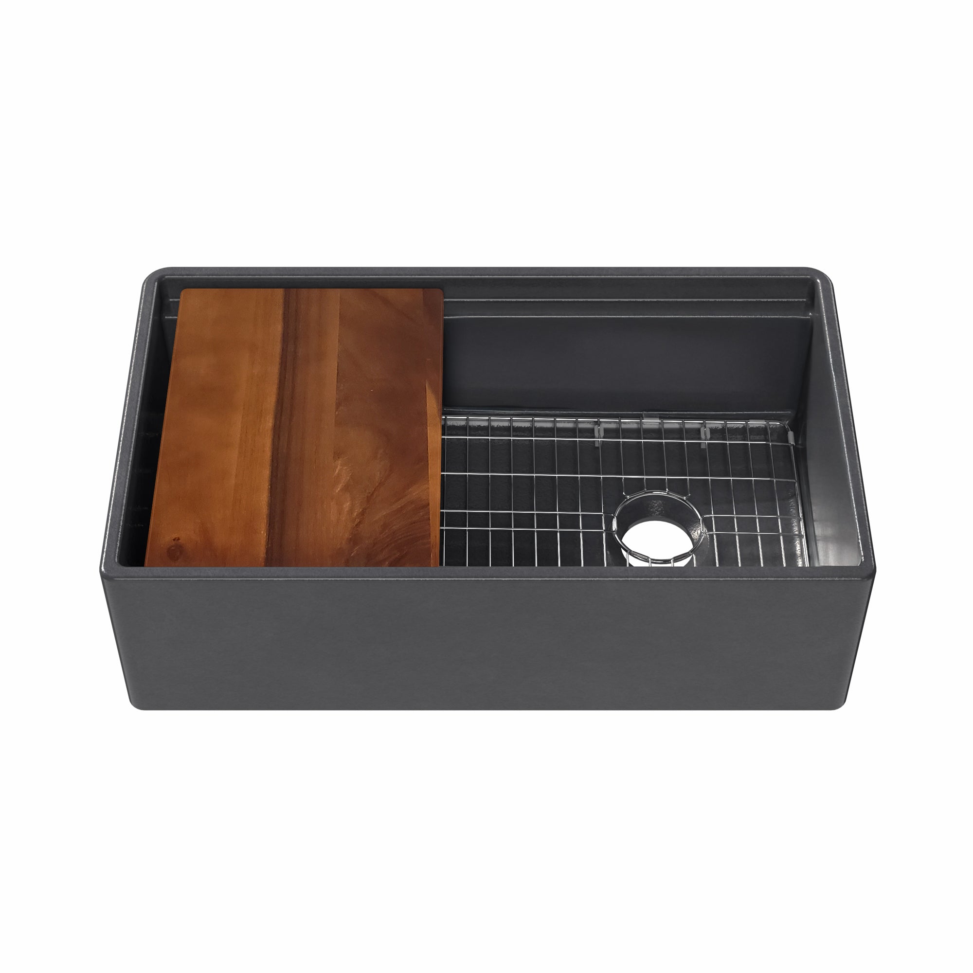 Front apron single bowl fireclay kitchen sinks with walnut wood cutting board and stainless steel grid