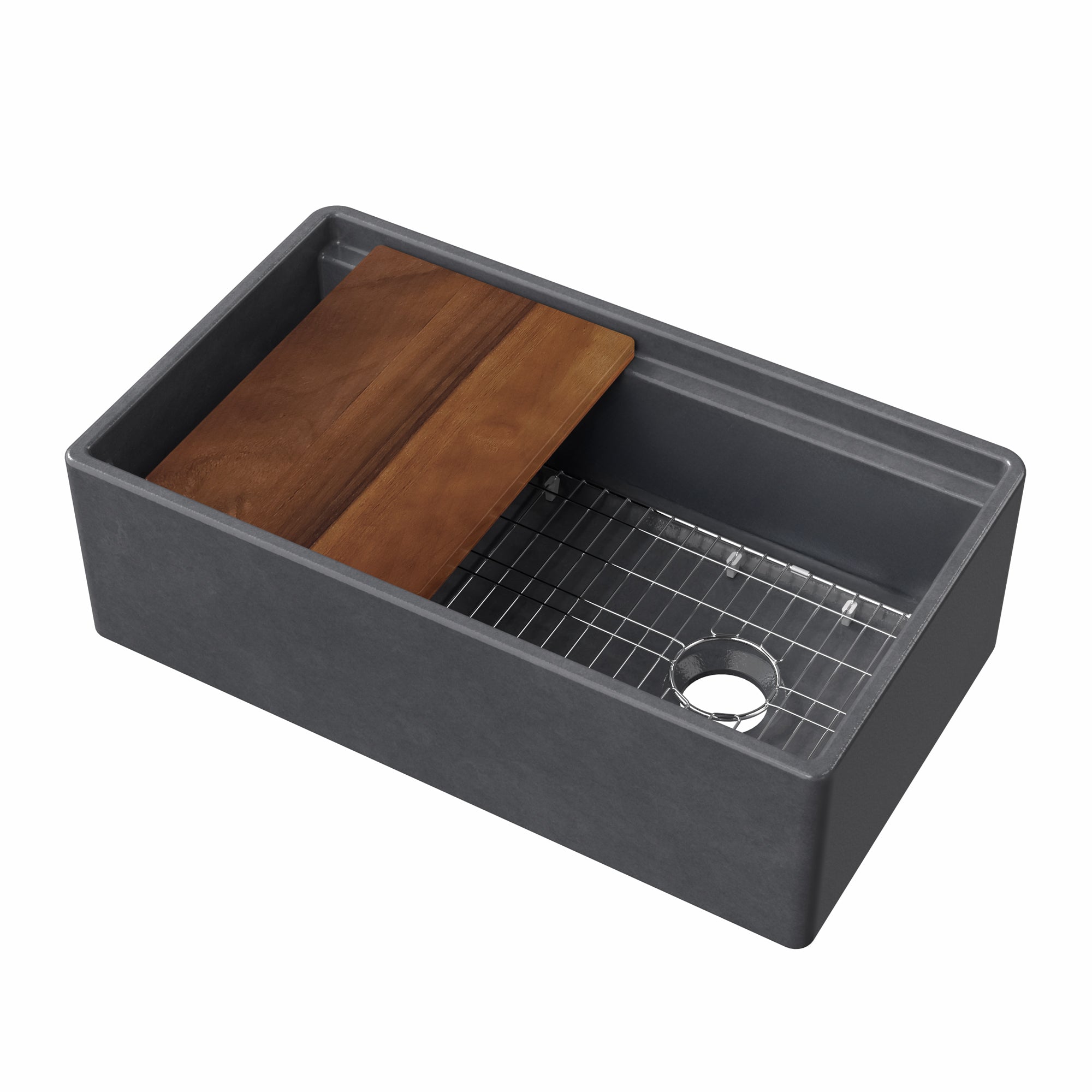 Front apron single bowl fireclay kitchen sinks with walnut wood cutting board and stainless steel grid