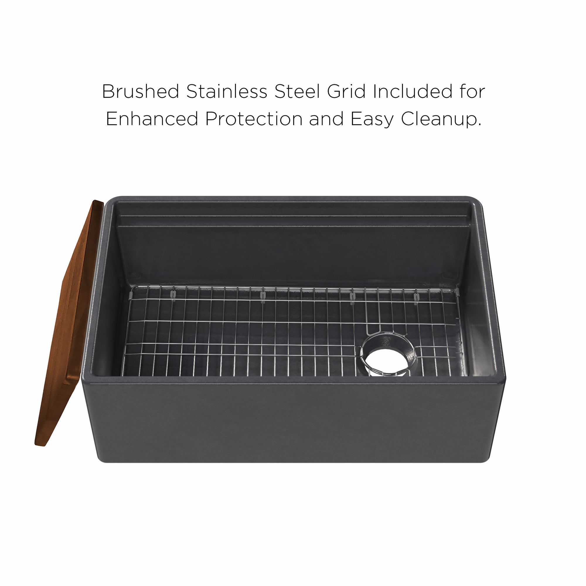 Front apron single bowl fireclay kitchen sinks with walnut wood cutting board and stainless steel grid