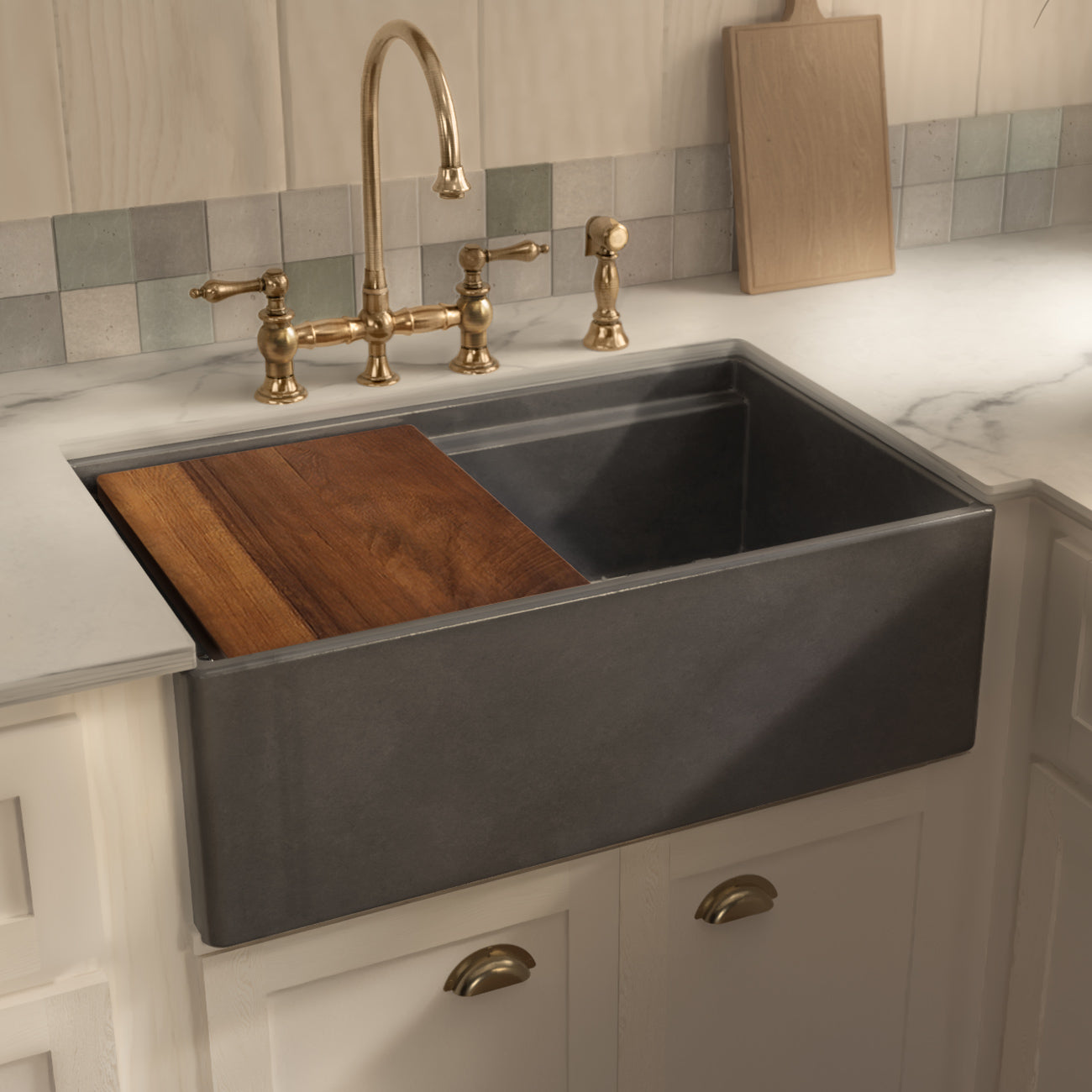 Front apron single bowl fireclay kitchen sinks with walnut wood cutting board and stainless steel grid