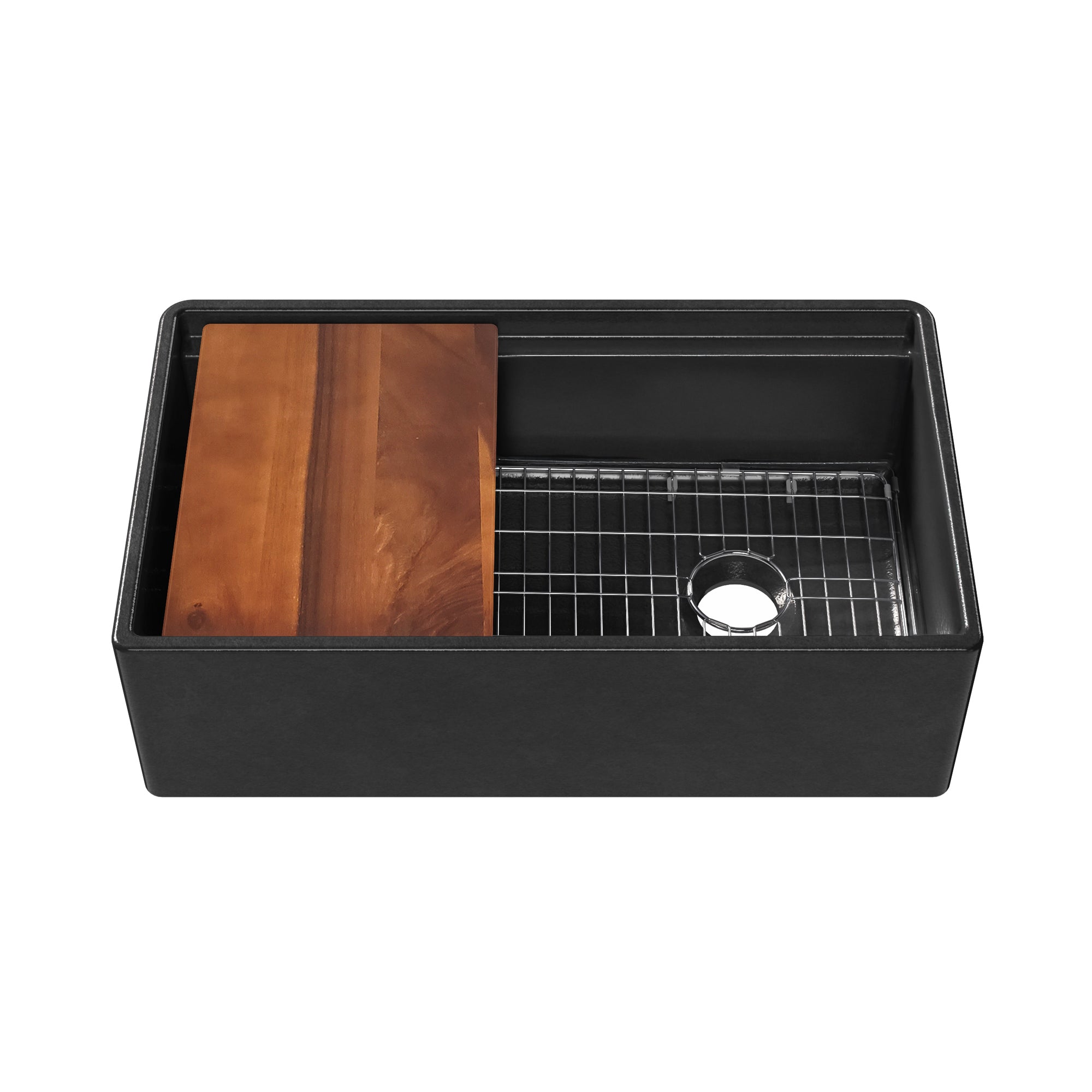 Front apron single bowl fireclay kitchen sinks with walnut wood cutting board and stainless steel grid