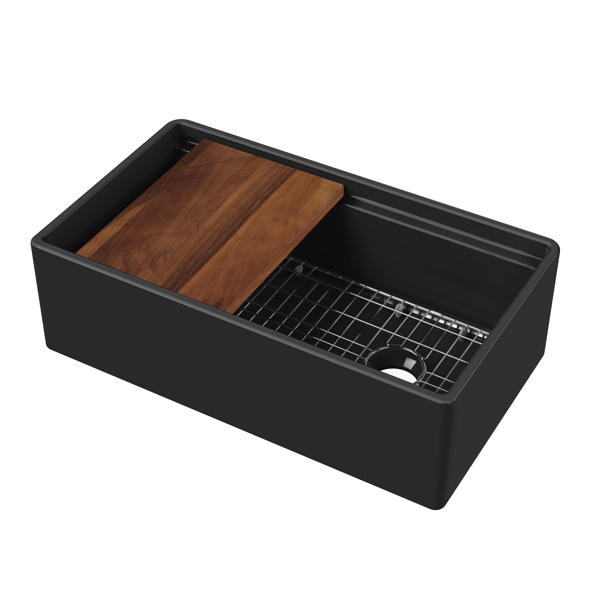 Front apron single bowl fireclay kitchen sinks with walnut wood cutting board and stainless steel grid