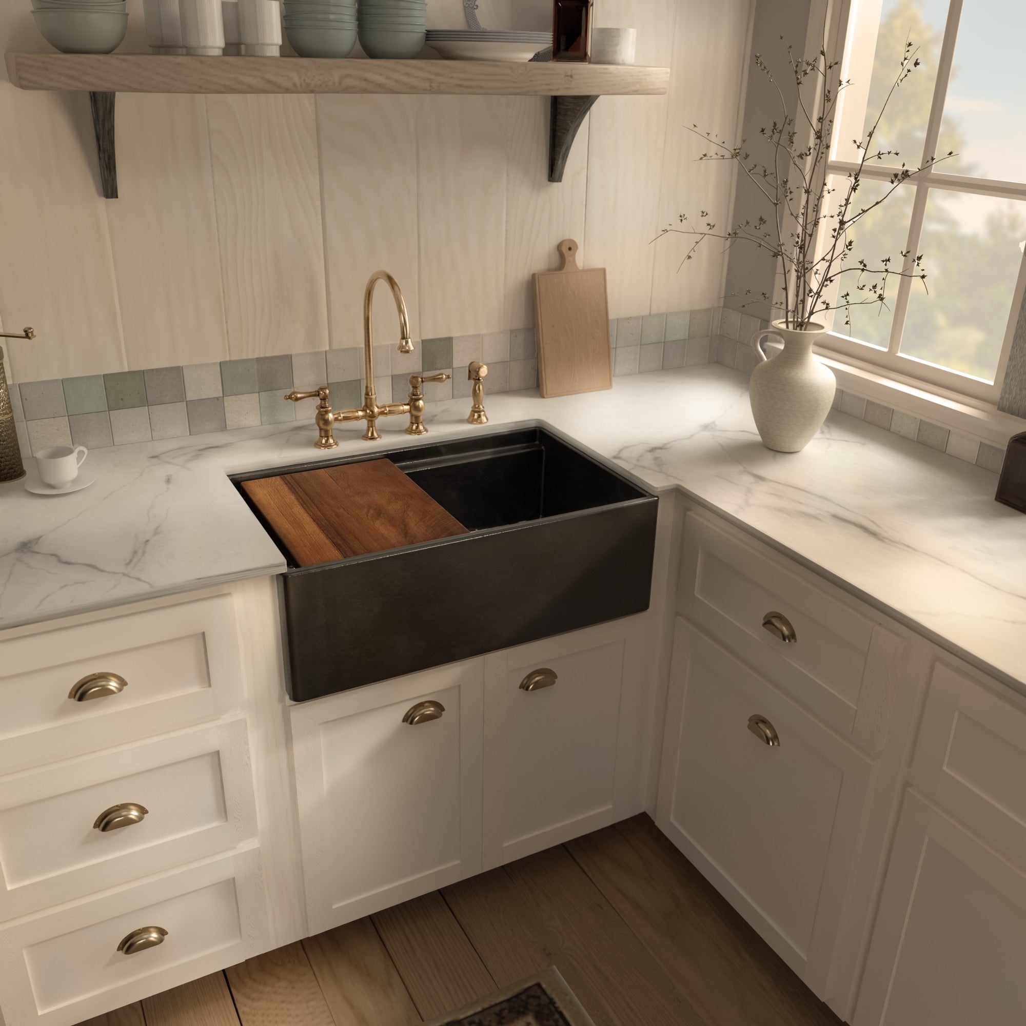 Front apron single bowl fireclay kitchen sinks with walnut wood cutting board and stainless steel grid