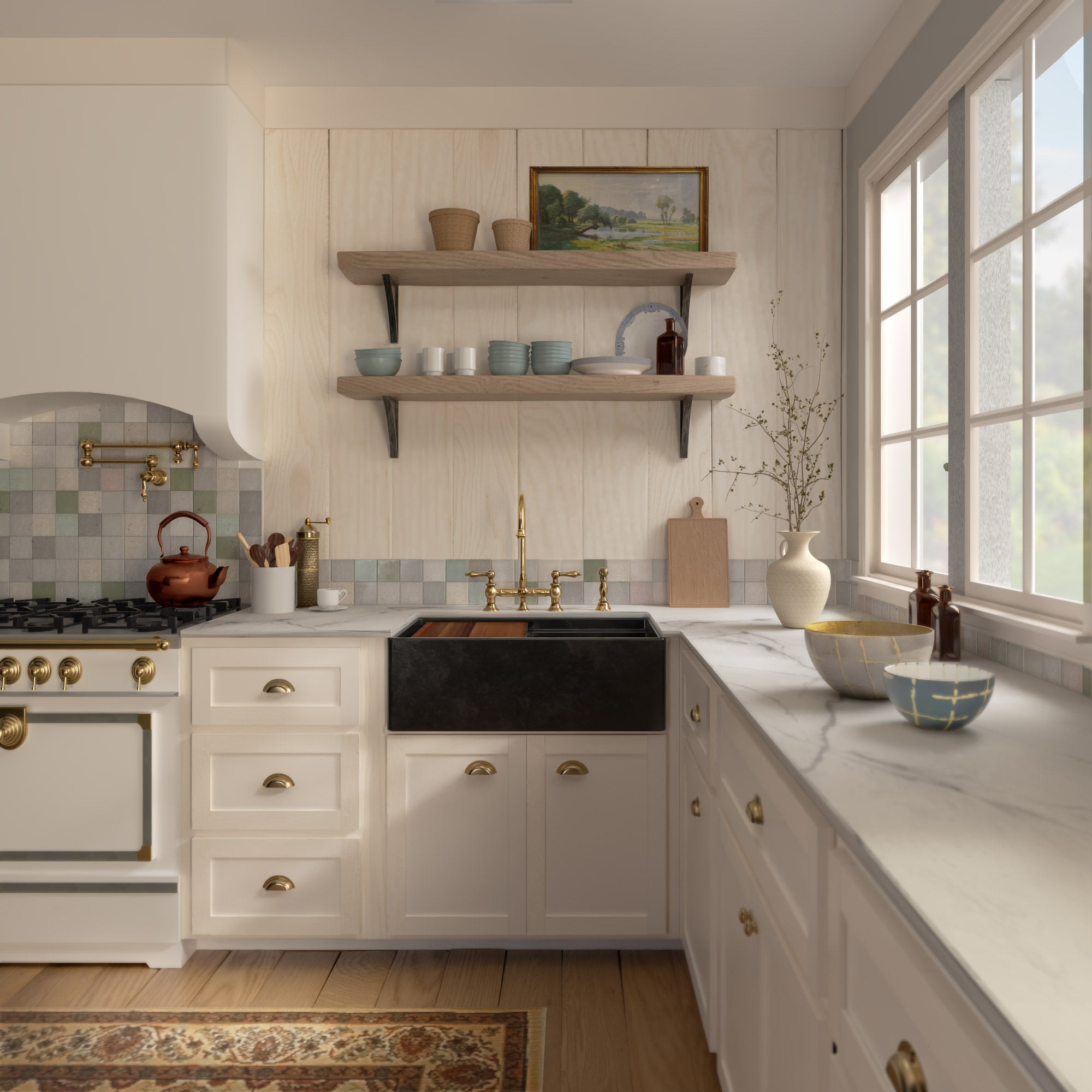 Front apron single bowl fireclay kitchen sinks with walnut wood cutting board and stainless steel grid