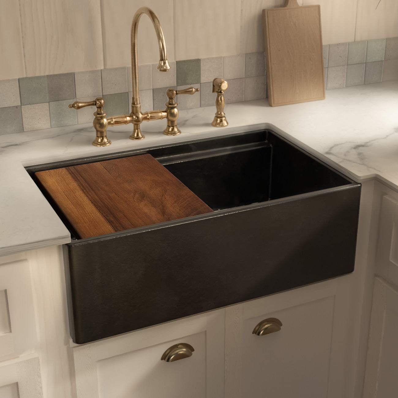 Front apron single bowl fireclay kitchen sinks with walnut wood cutting board and stainless steel grid
