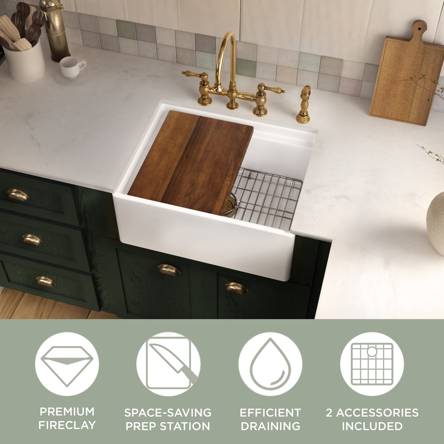 Front apron single bowl fireclay kitchen sinks with walnut wood cutting board and stainless steel grid