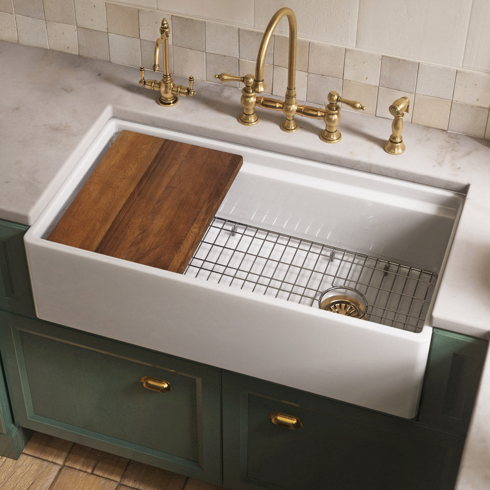 Front apron single bowl fireclay kitchen sinks with walnut wood