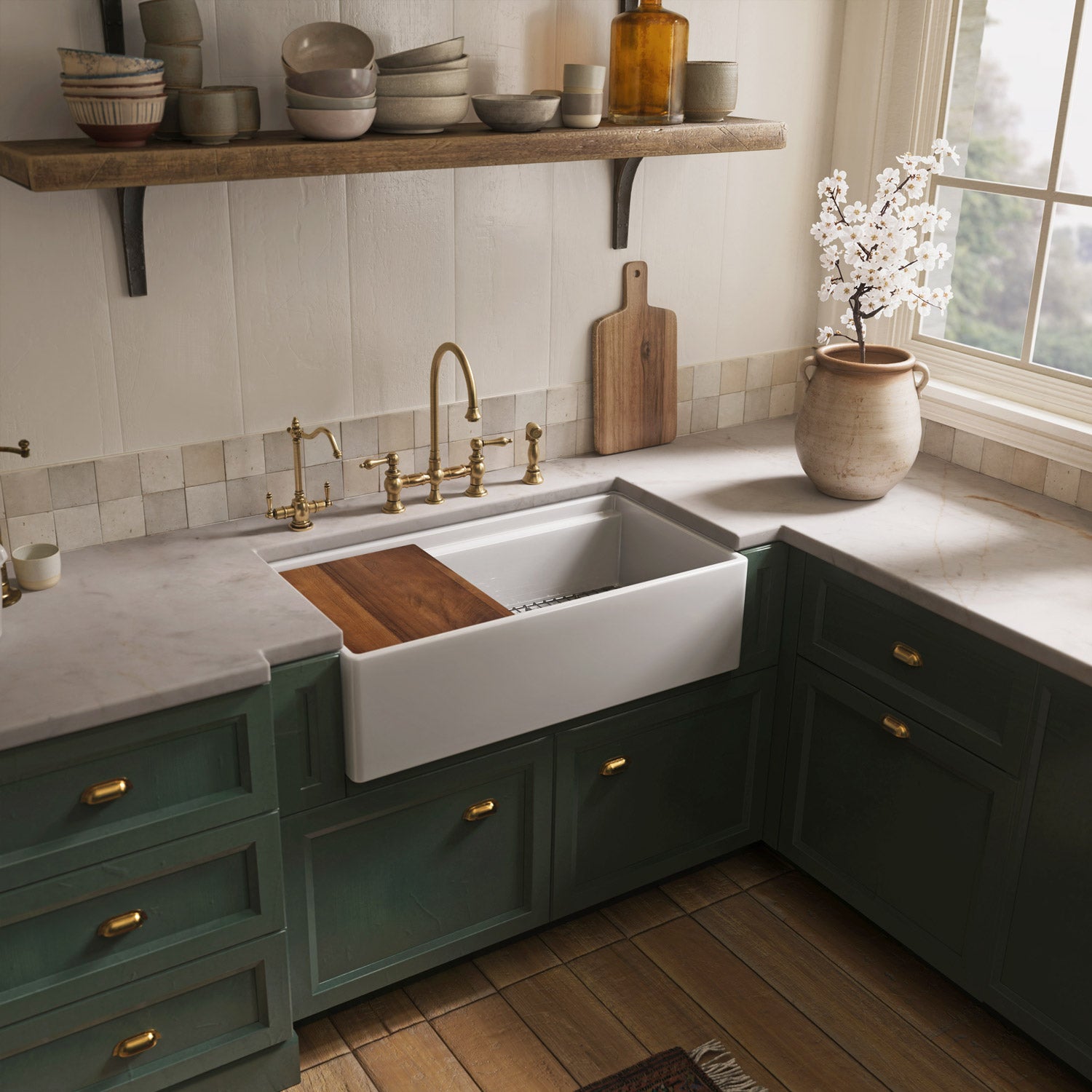 Front apron single bowl fireclay kitchen sinks with walnut wood cutting board and stainless steel grid