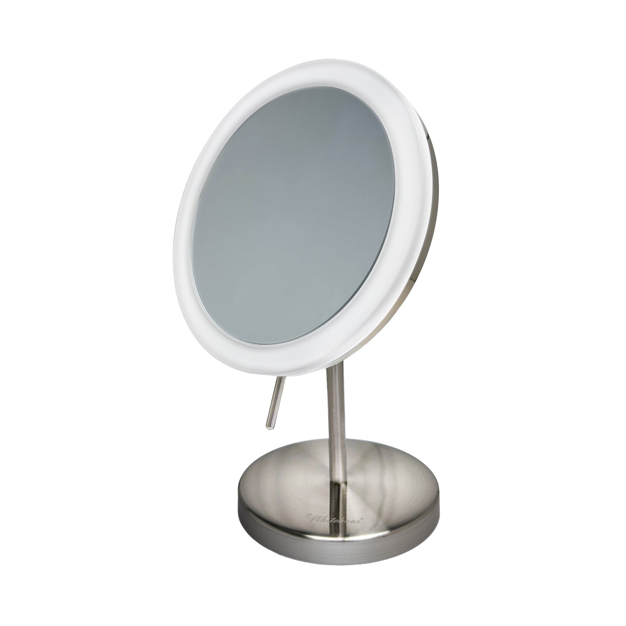 Anodized aluminum body round freestanding LED 5X magnified vanity mirror