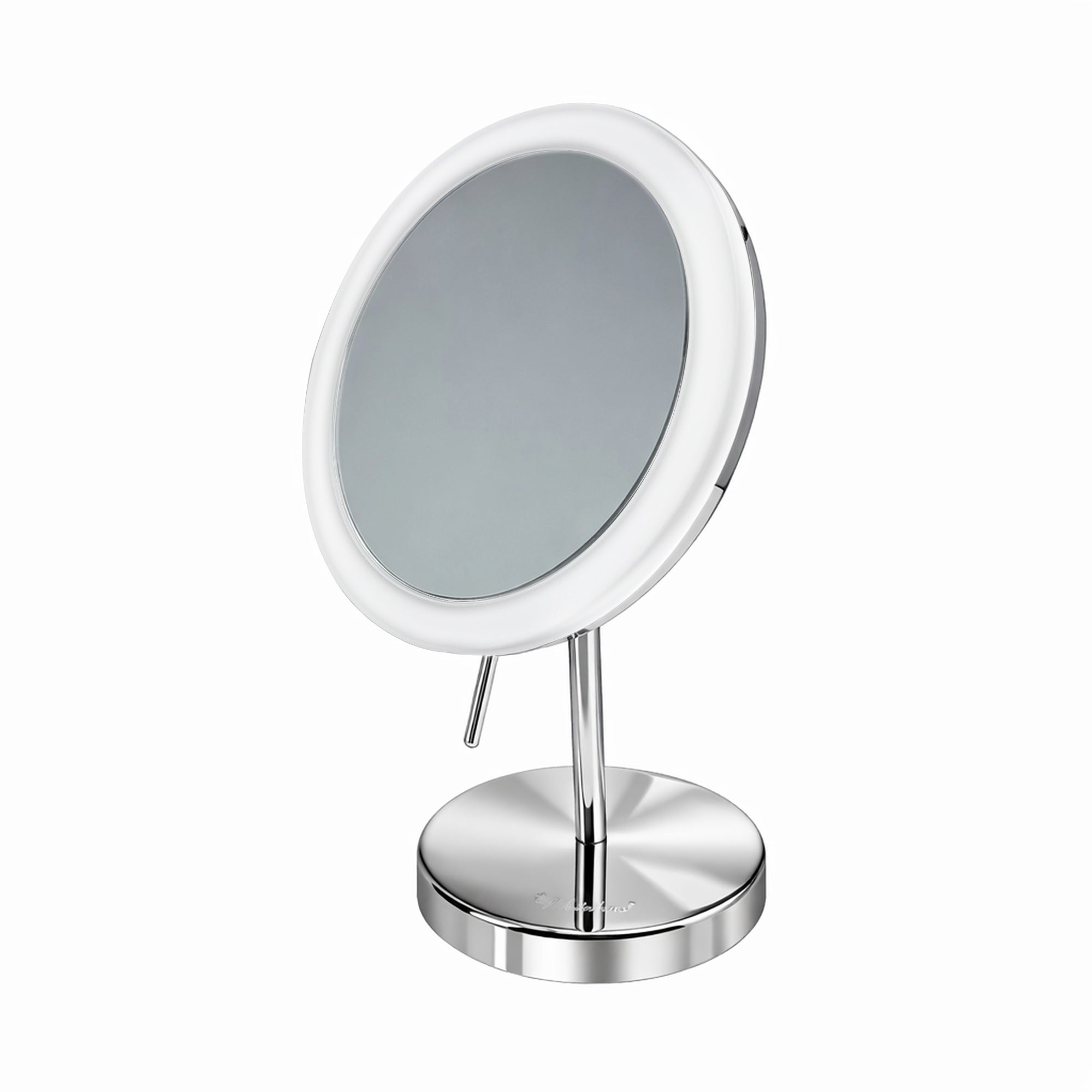 Anodized aluminum body round freestanding LED 5X magnified vanity mirror