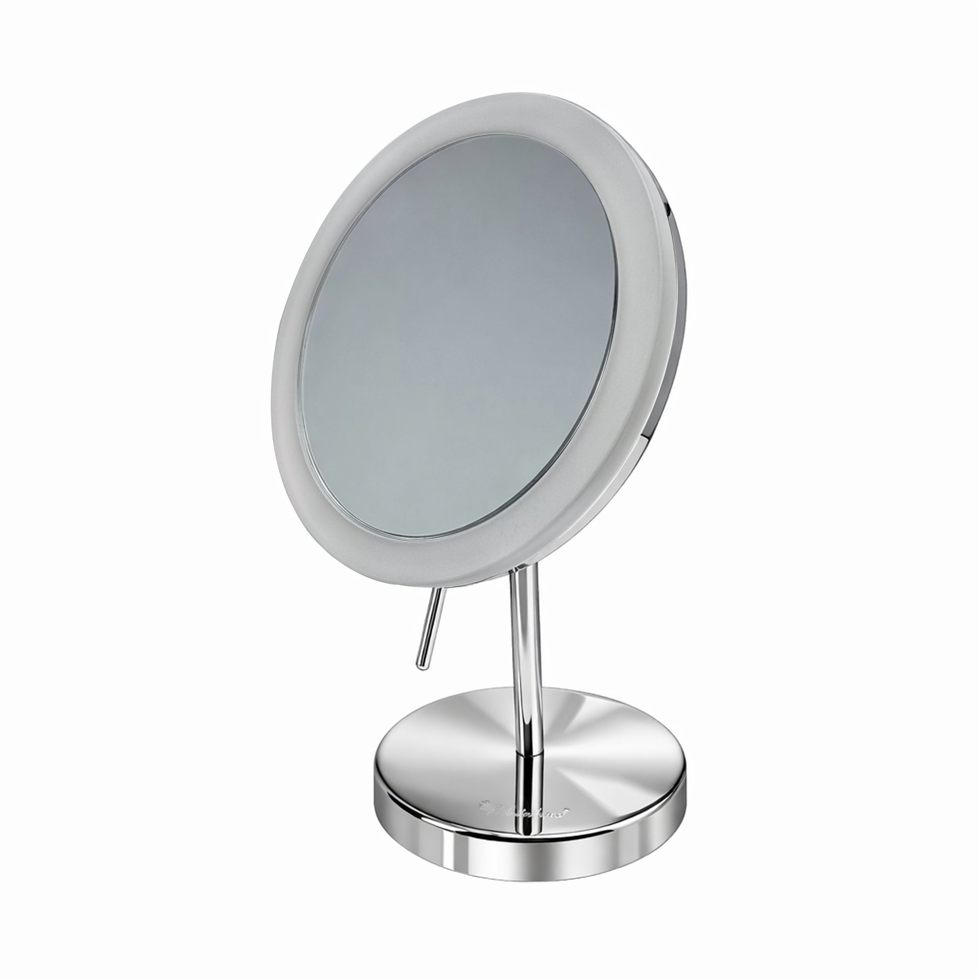 Anodized aluminum body round freestanding LED 5X magnified vanity mirror