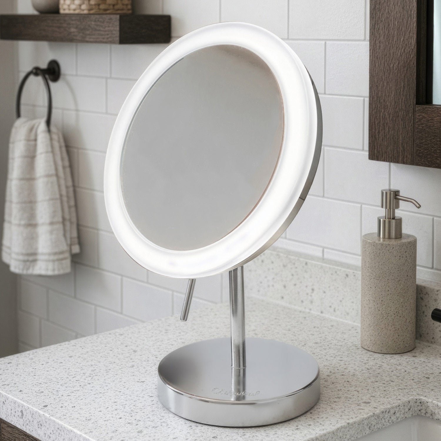 Anodized aluminum body round freestanding LED 5X magnified vanity mirror