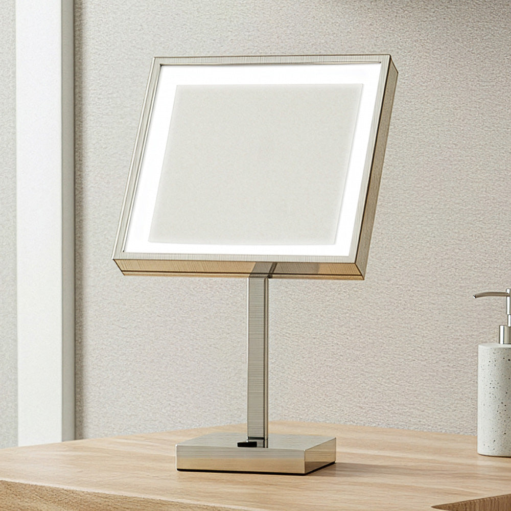 Anodized aluminum body square freestanding LED 5X magnified vanity mirror