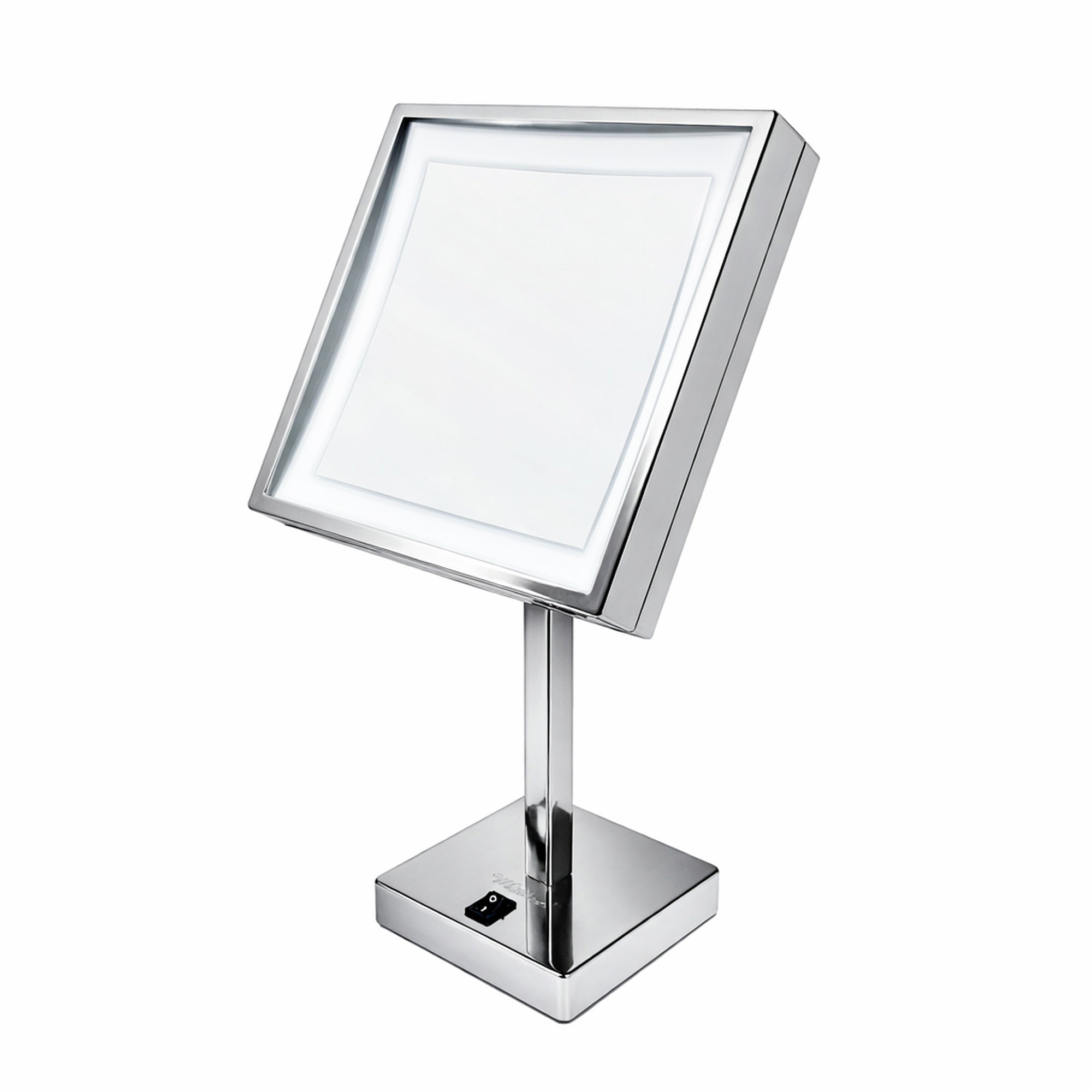 Anodized aluminum body square freestanding LED 5X magnified vanity mirror